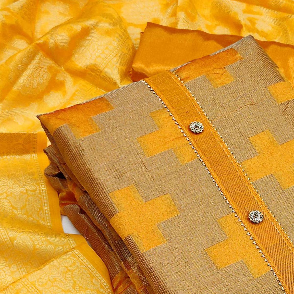 Yellow Festive Wear Woven Banarasi Silk Jacquard Dress Material - Peachmode