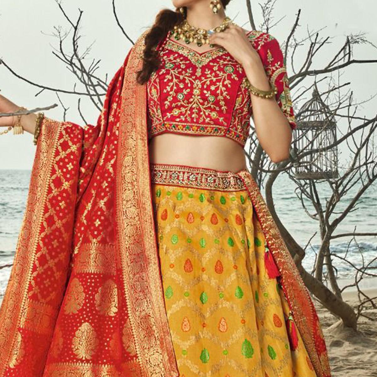 Yellow Festive Wear Woven Banarasi Silk Lehenga - Peachmode