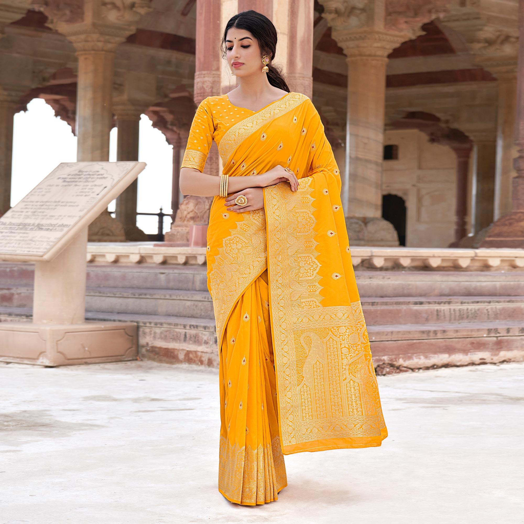Yellow Festive Wear Woven Banarasi Silk Saree - Peachmode