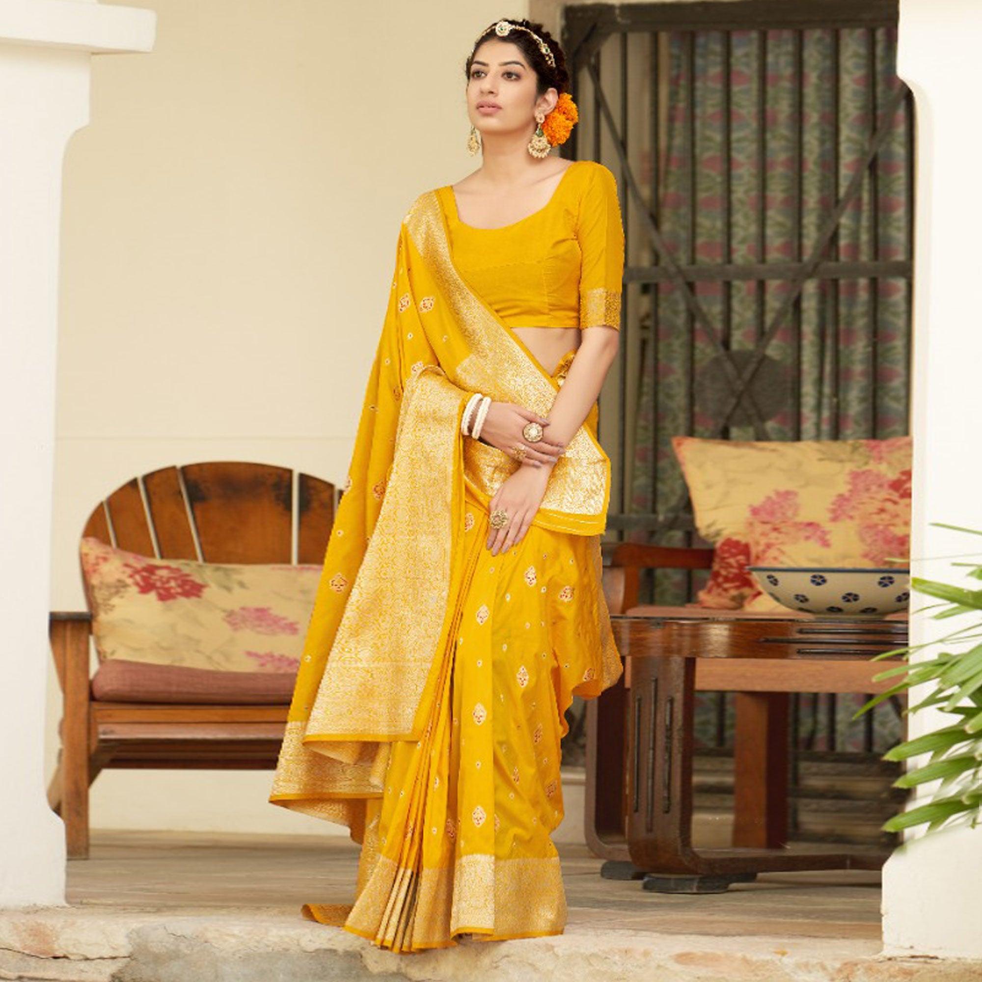 Yellow Festive Wear Woven Banarasi Silk Saree - Peachmode