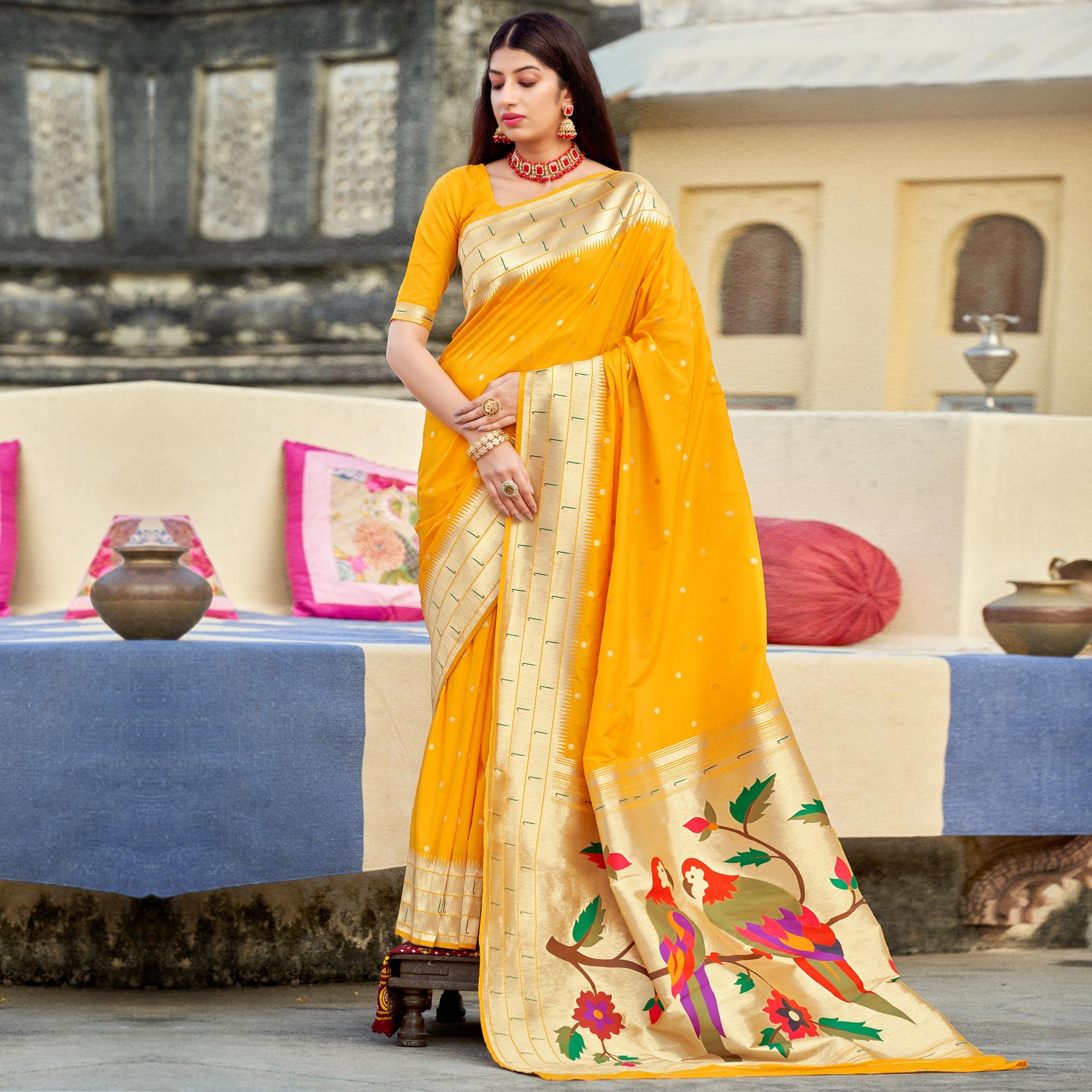 Yellow Festive Wear Woven Banarasi Silk Saree - Peachmode