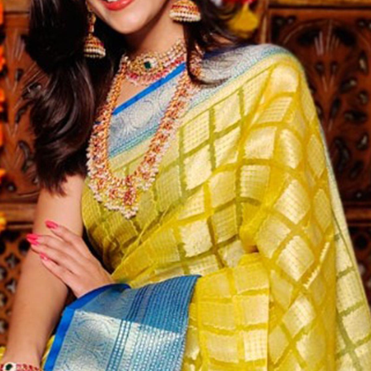 Yellow Festive Wear Woven Banarasi Silk Saree - Peachmode