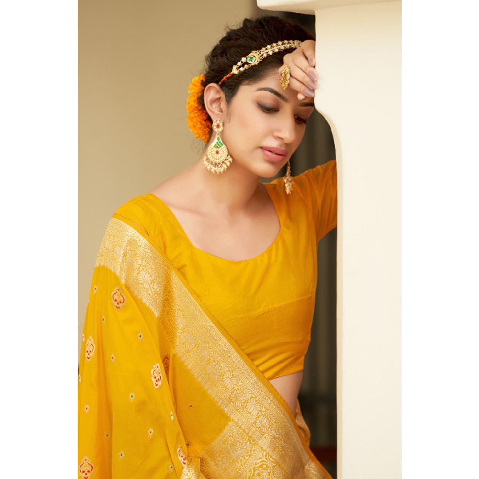Yellow Festive Wear Woven Banarasi Silk Saree - Peachmode