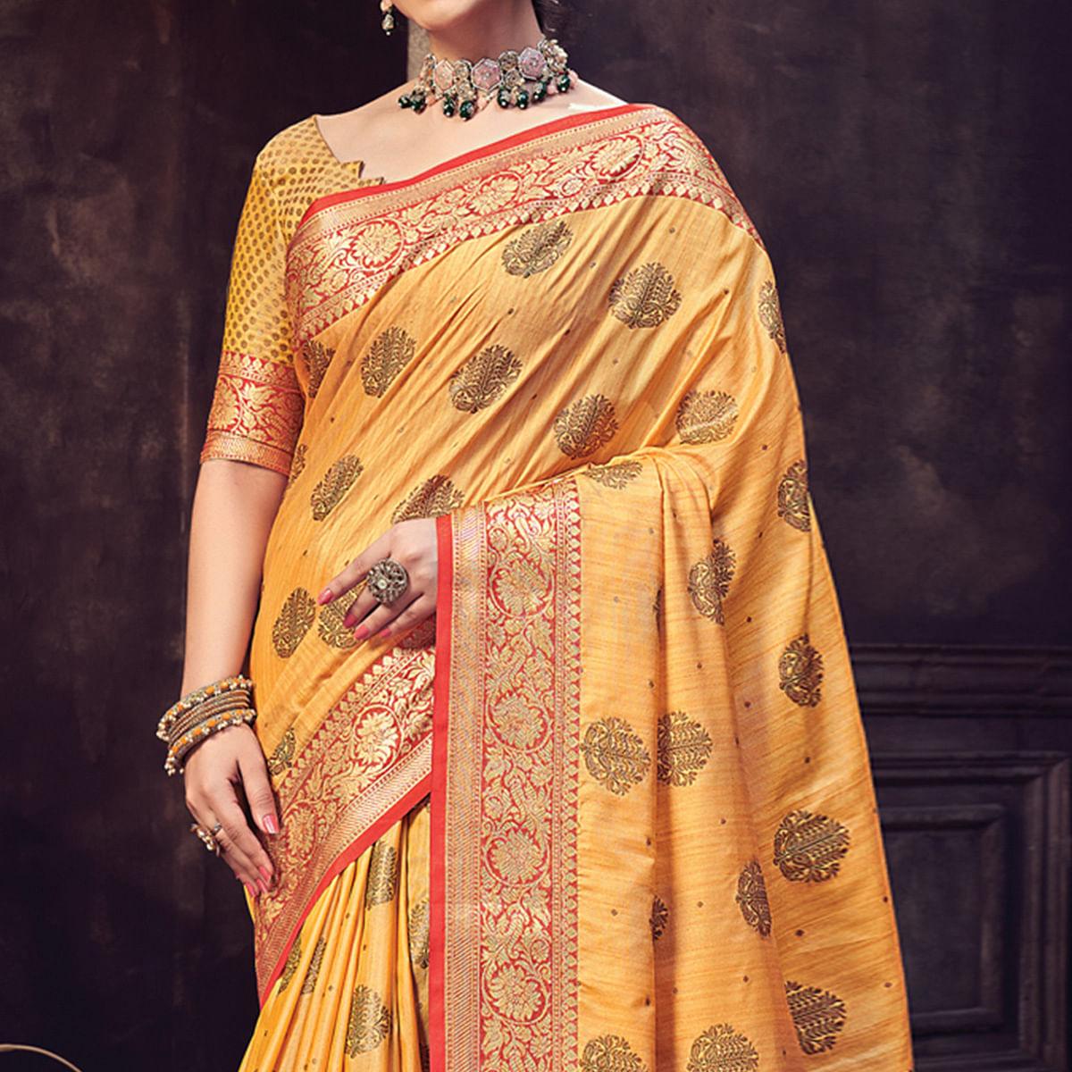 Yellow Festive Wear Woven Banarasi Silk Saree With Tassels - Peachmode