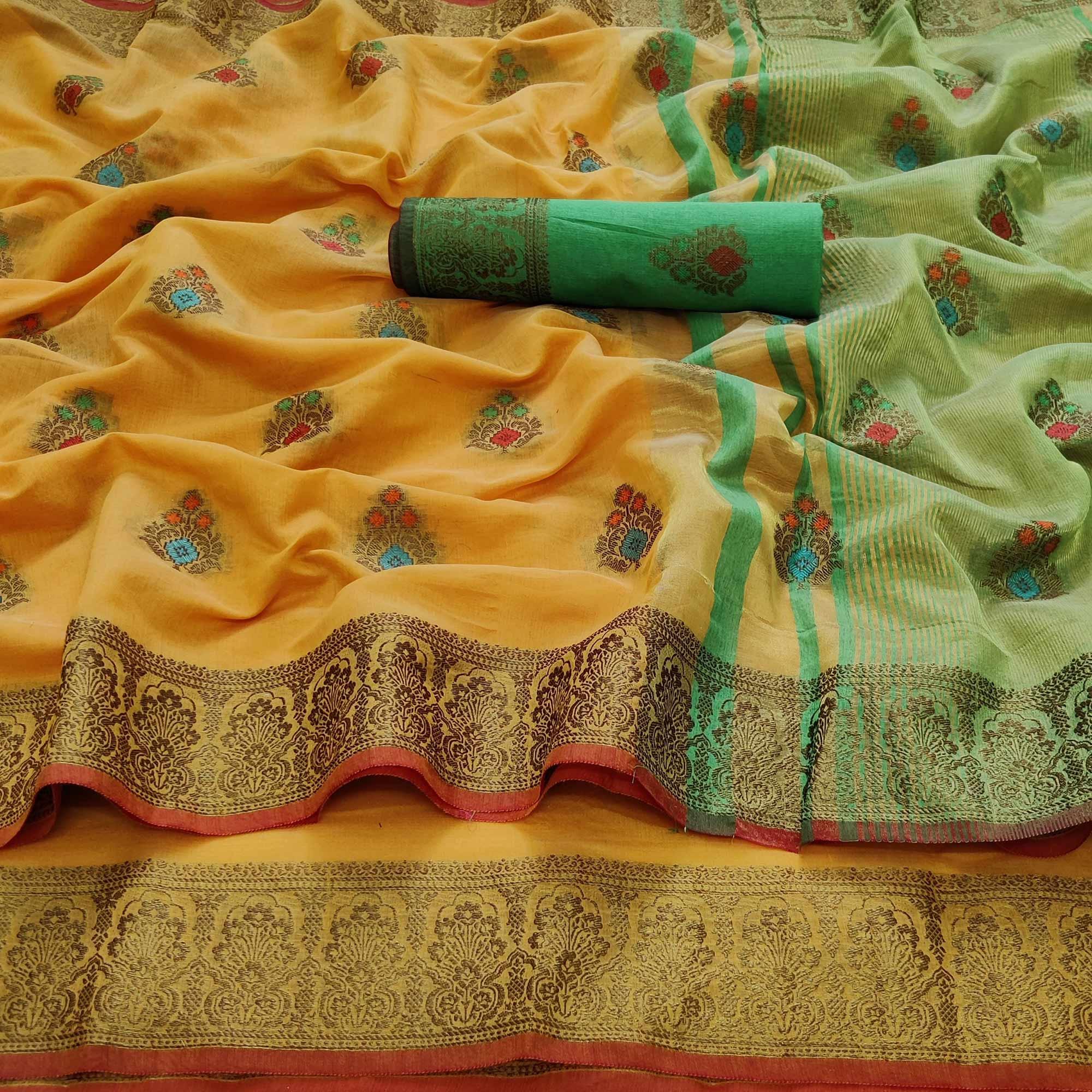 Yellow Festive Wear Woven Border With Butta Work Cotton Saree - Peachmode