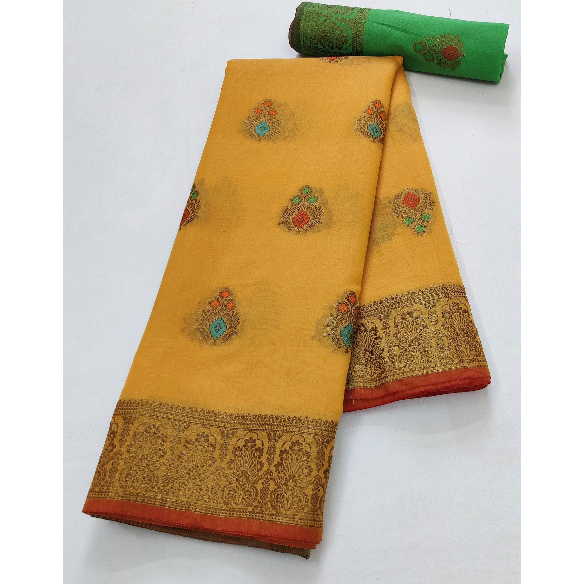 Yellow Festive Wear Woven Border With Butta Work Cotton Saree - Peachmode