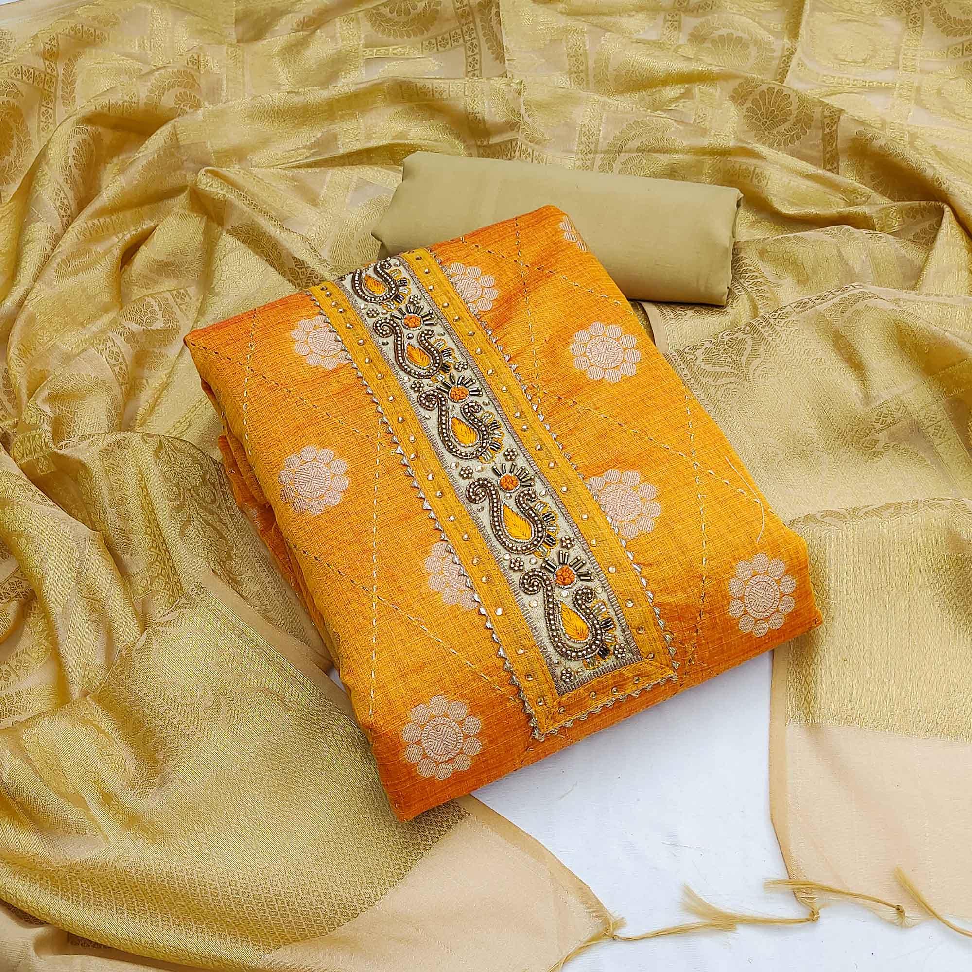 Yellow Festive Wear Woven Chanderi Dress Material - Peachmode