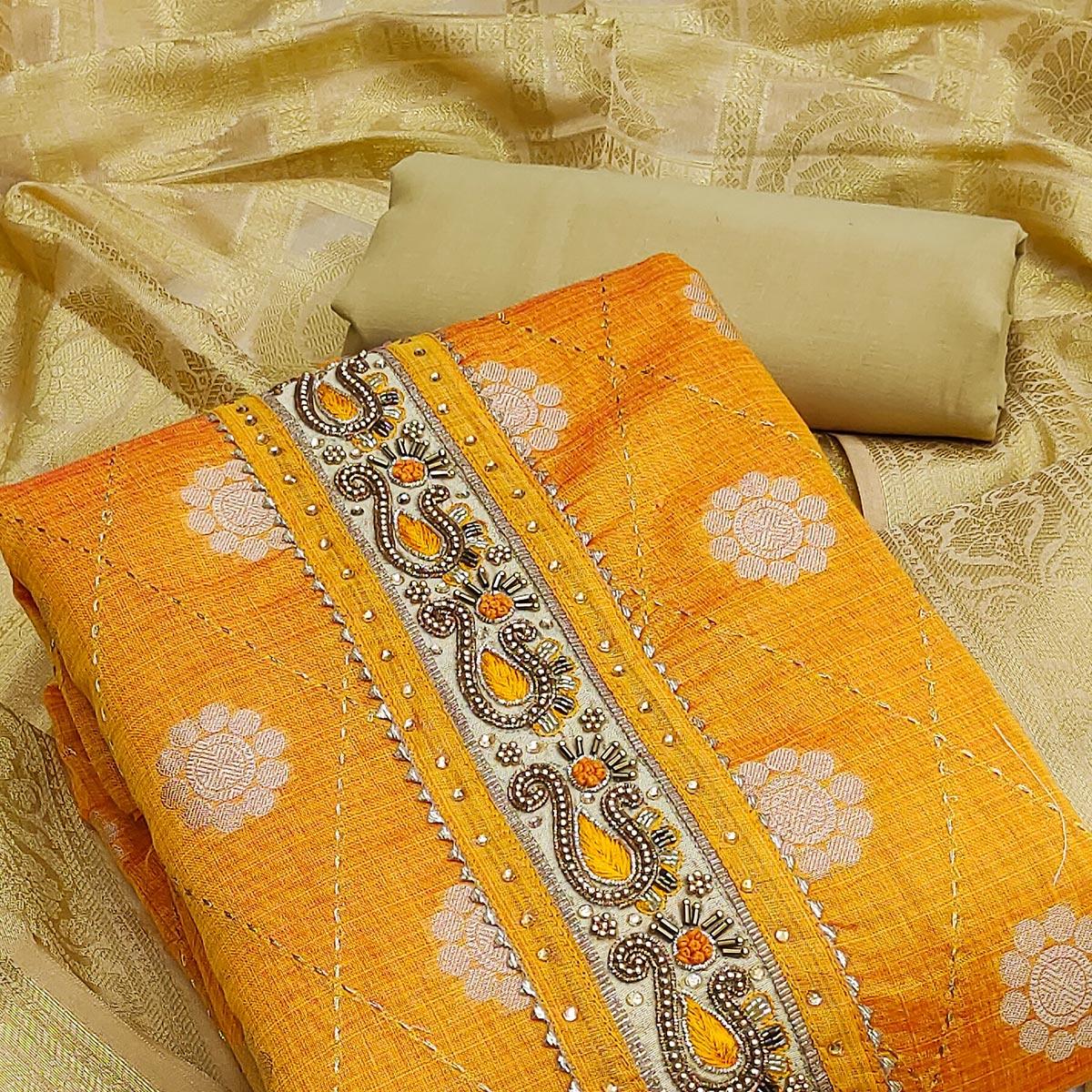 Yellow Festive Wear Woven Chanderi Dress Material - Peachmode