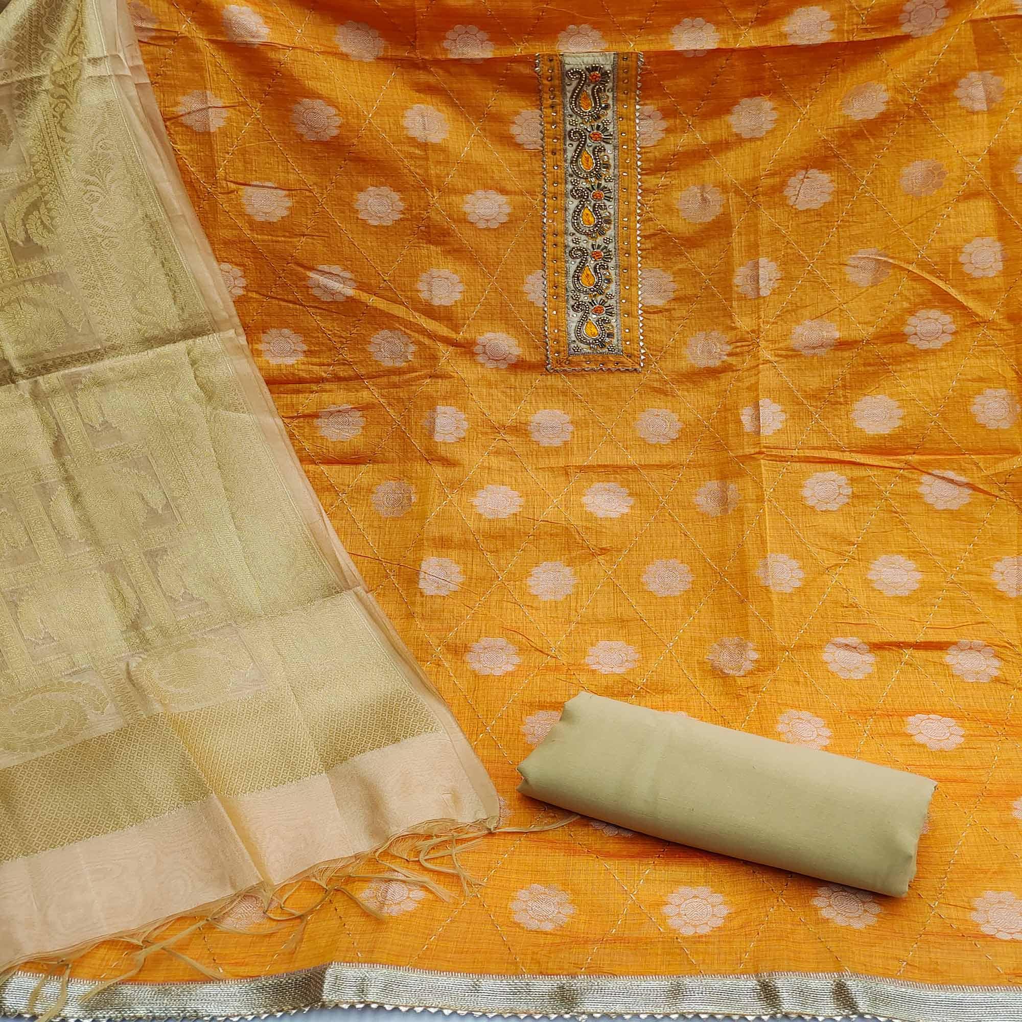 Yellow Festive Wear Woven Chanderi Dress Material - Peachmode