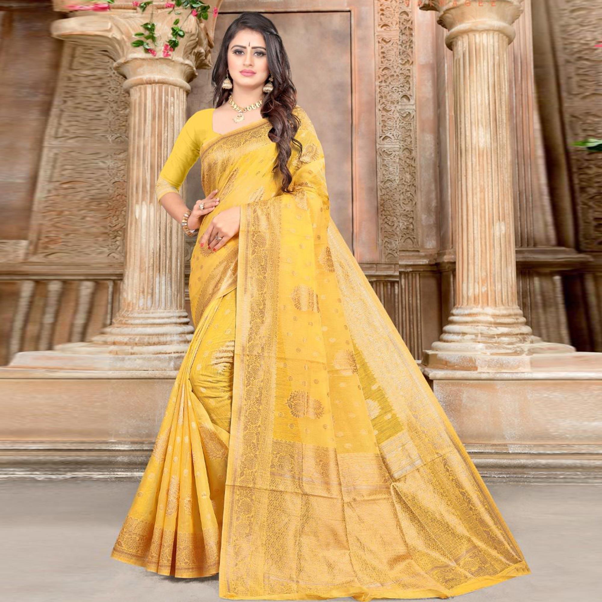 Yellow Festive Wear Woven Chanderi Silk Saree - Peachmode