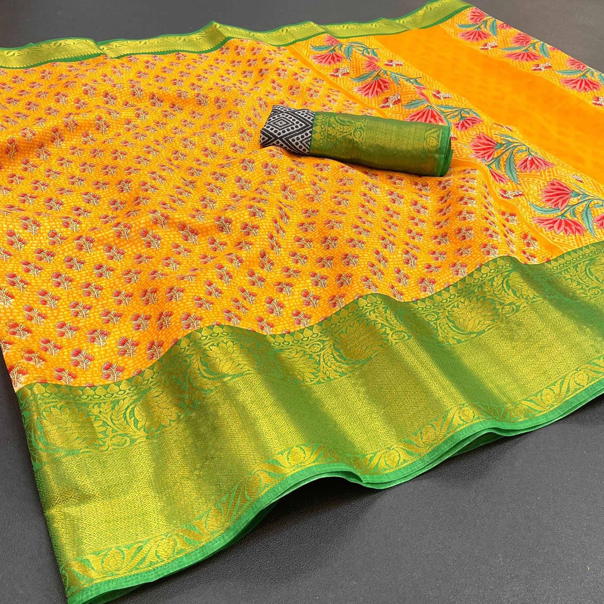 Yellow Festive Wear Woven Chanderi Silk Saree - Peachmode