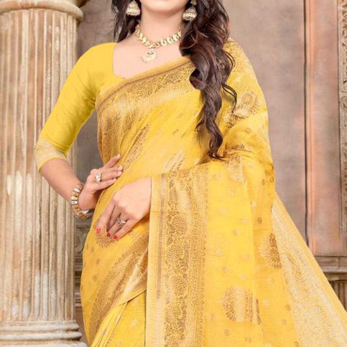 Yellow Festive Wear Woven Chanderi Silk Saree - Peachmode