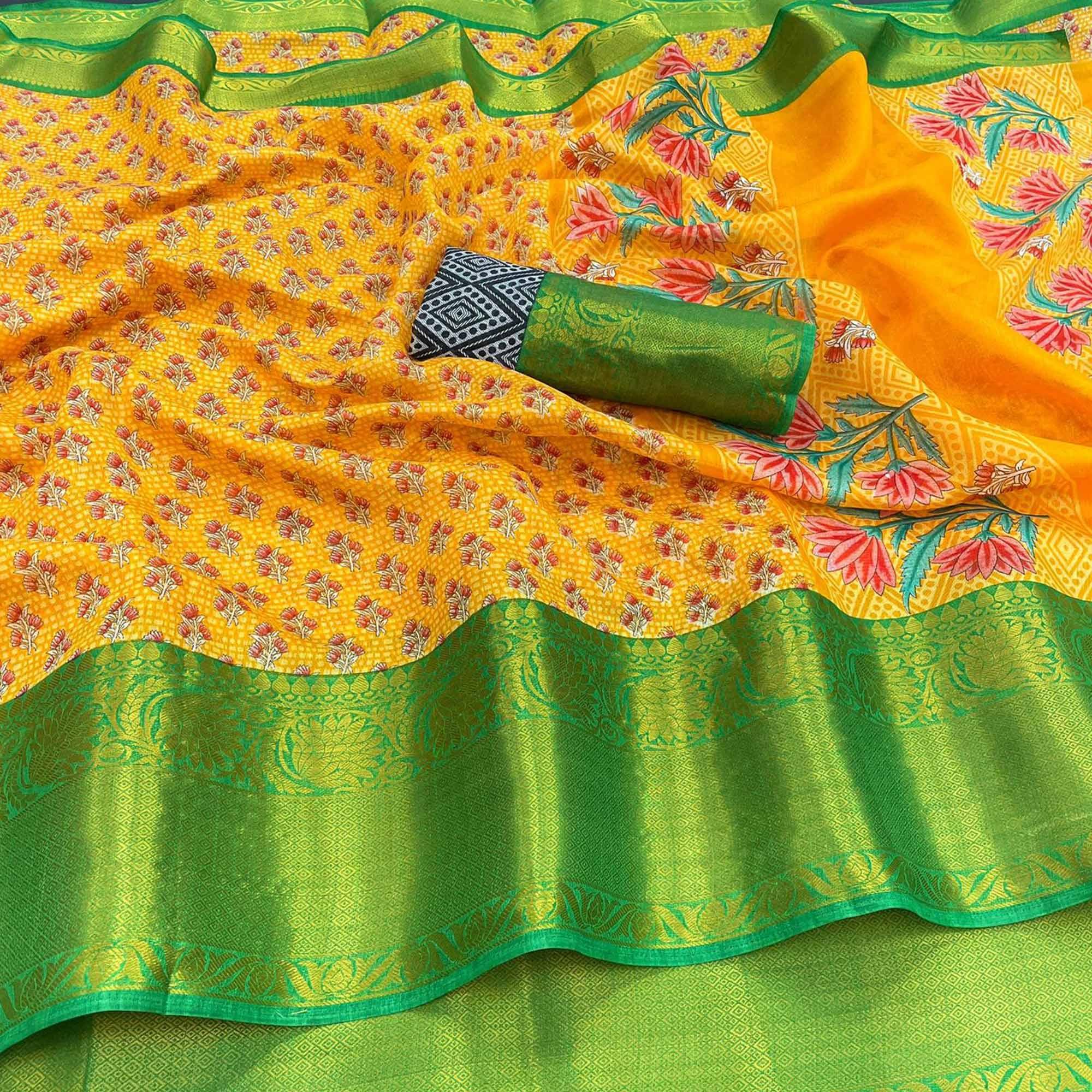 Yellow Festive Wear Woven Chanderi Silk Saree - Peachmode