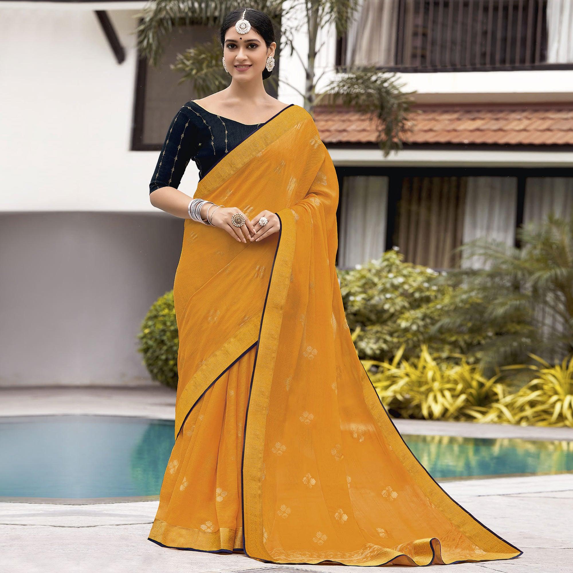 Yellow Festive Wear Woven Chiffon Saree - Peachmode