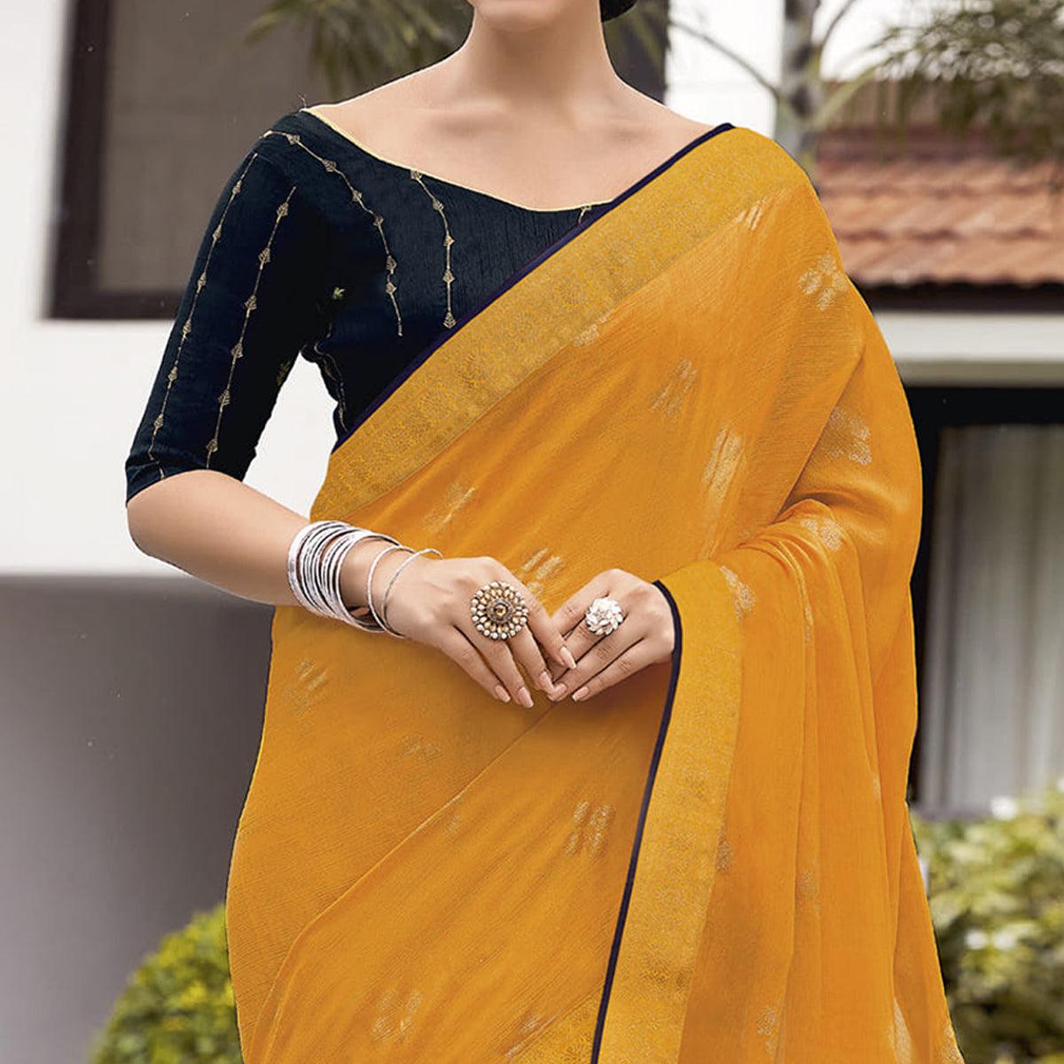 Yellow Festive Wear Woven Chiffon Saree - Peachmode