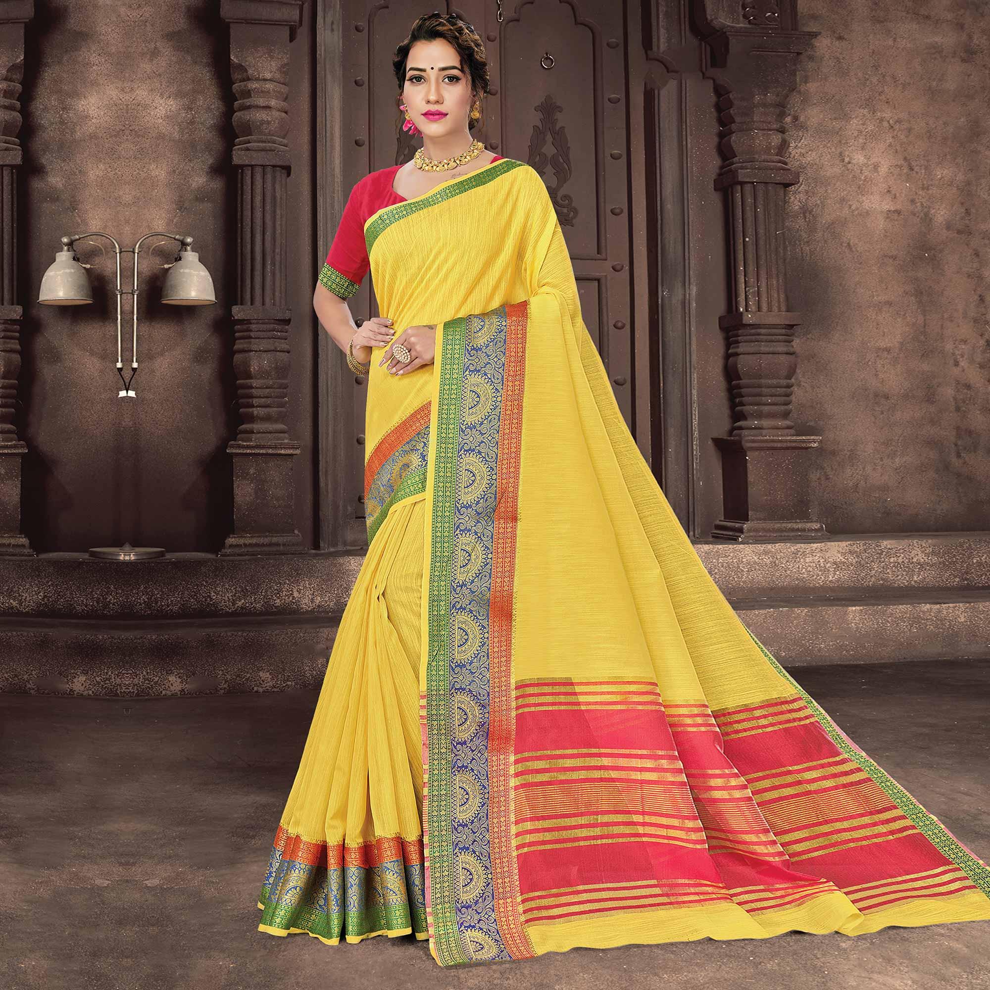 Yellow Festive Wear Woven Cotton Handloom Saree - Peachmode