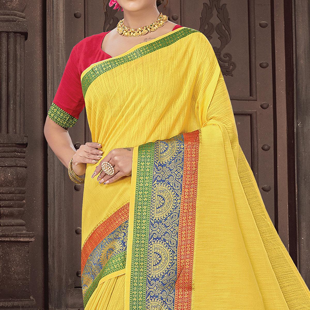 Yellow Festive Wear Woven Cotton Handloom Saree - Peachmode