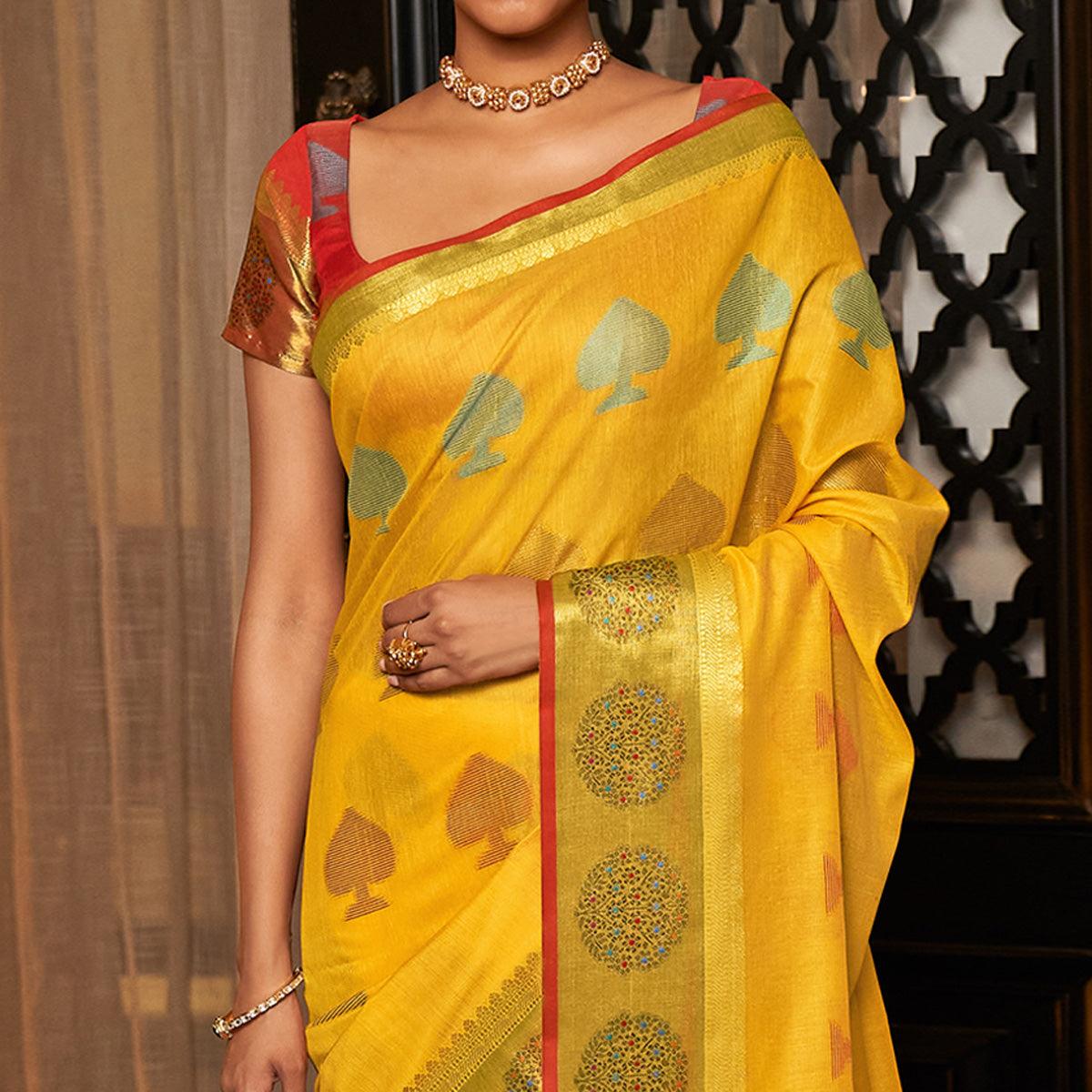 Yellow Festive Wear Woven Cotton Handloom Saree - Peachmode