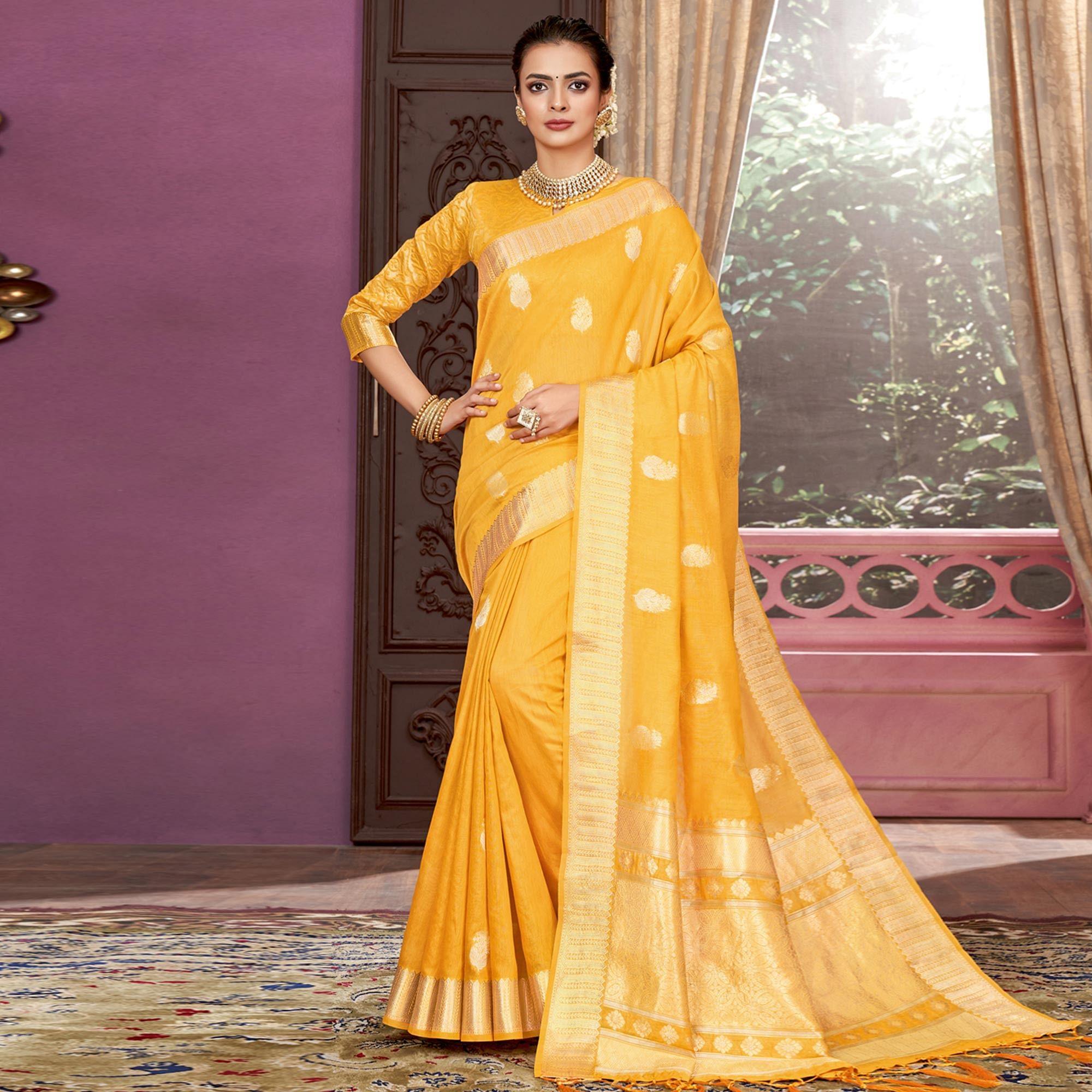 Yellow Festive Wear Woven Cotton Saree - Peachmode