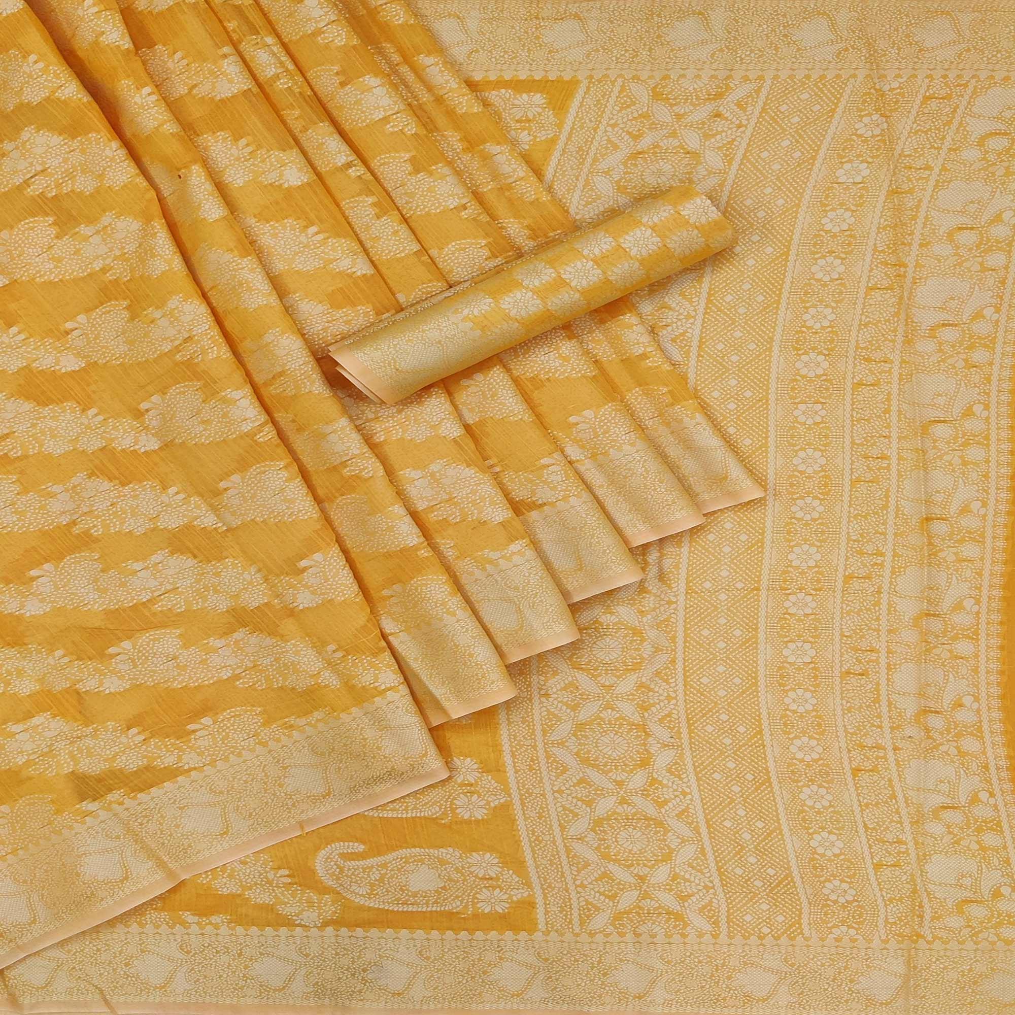 Yellow Festive Wear Woven Cotton Saree - Peachmode