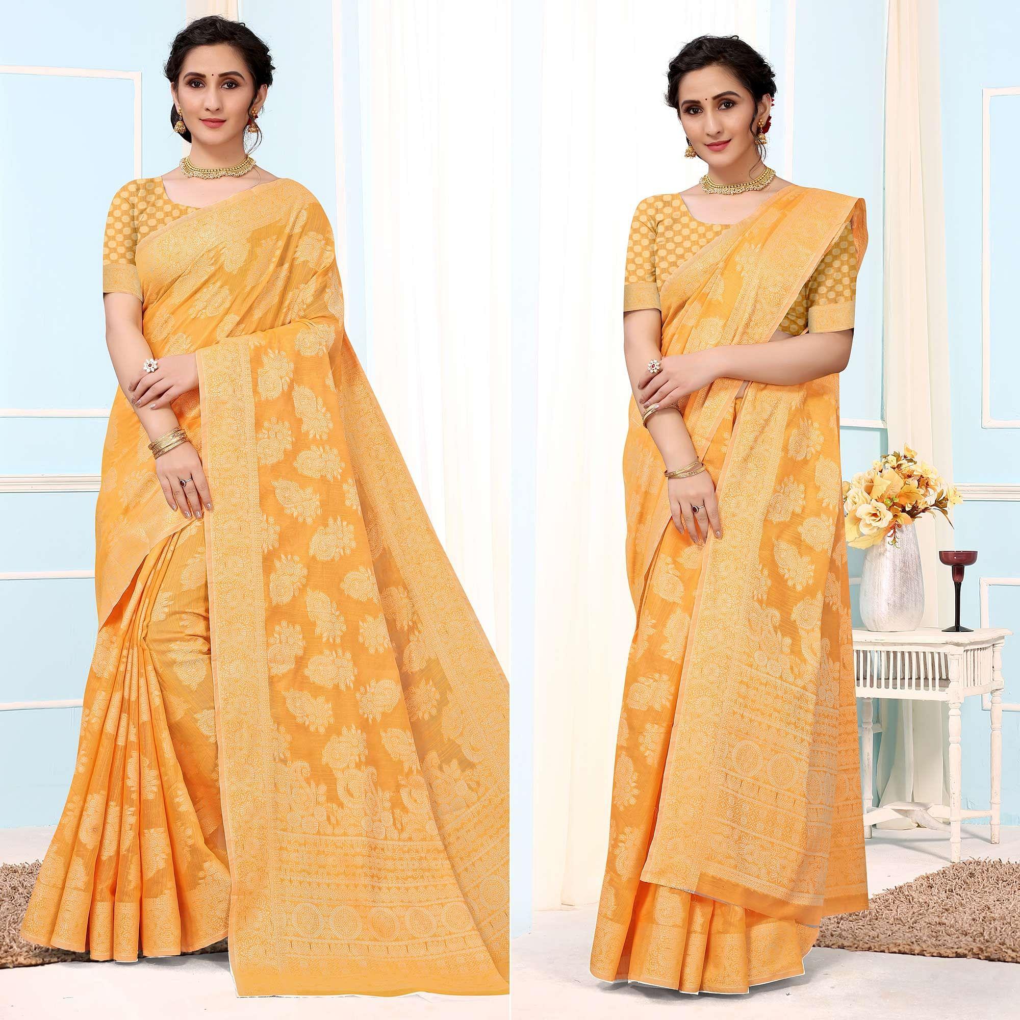 Yellow Festive Wear Woven Cotton Saree - Peachmode