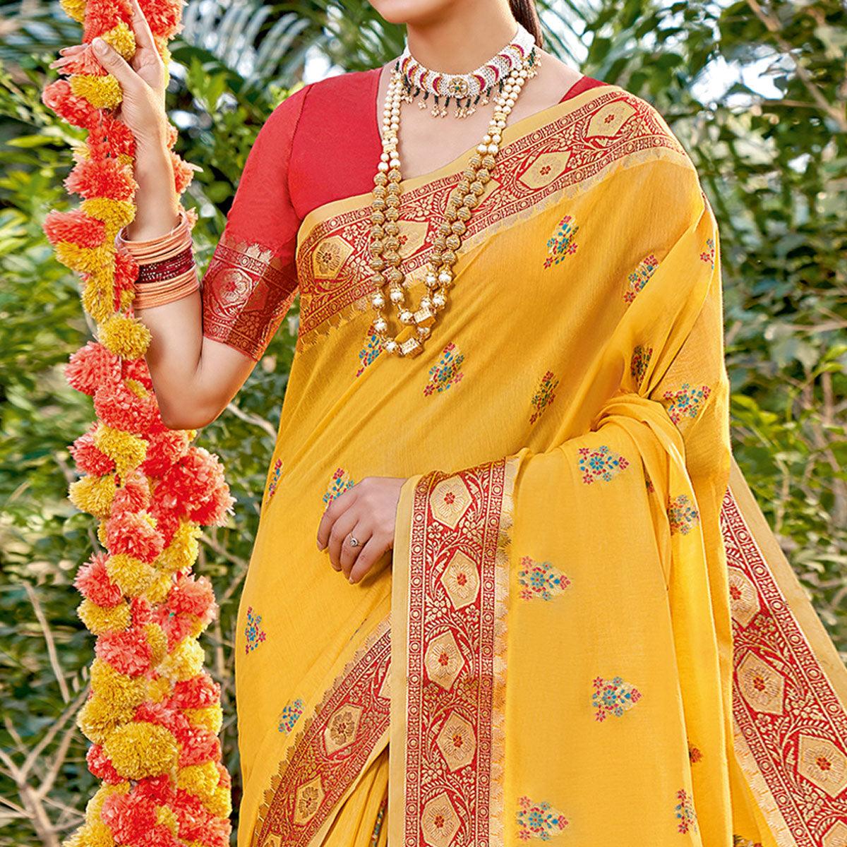 Yellow Festive Wear Woven Cotton Saree - Peachmode
