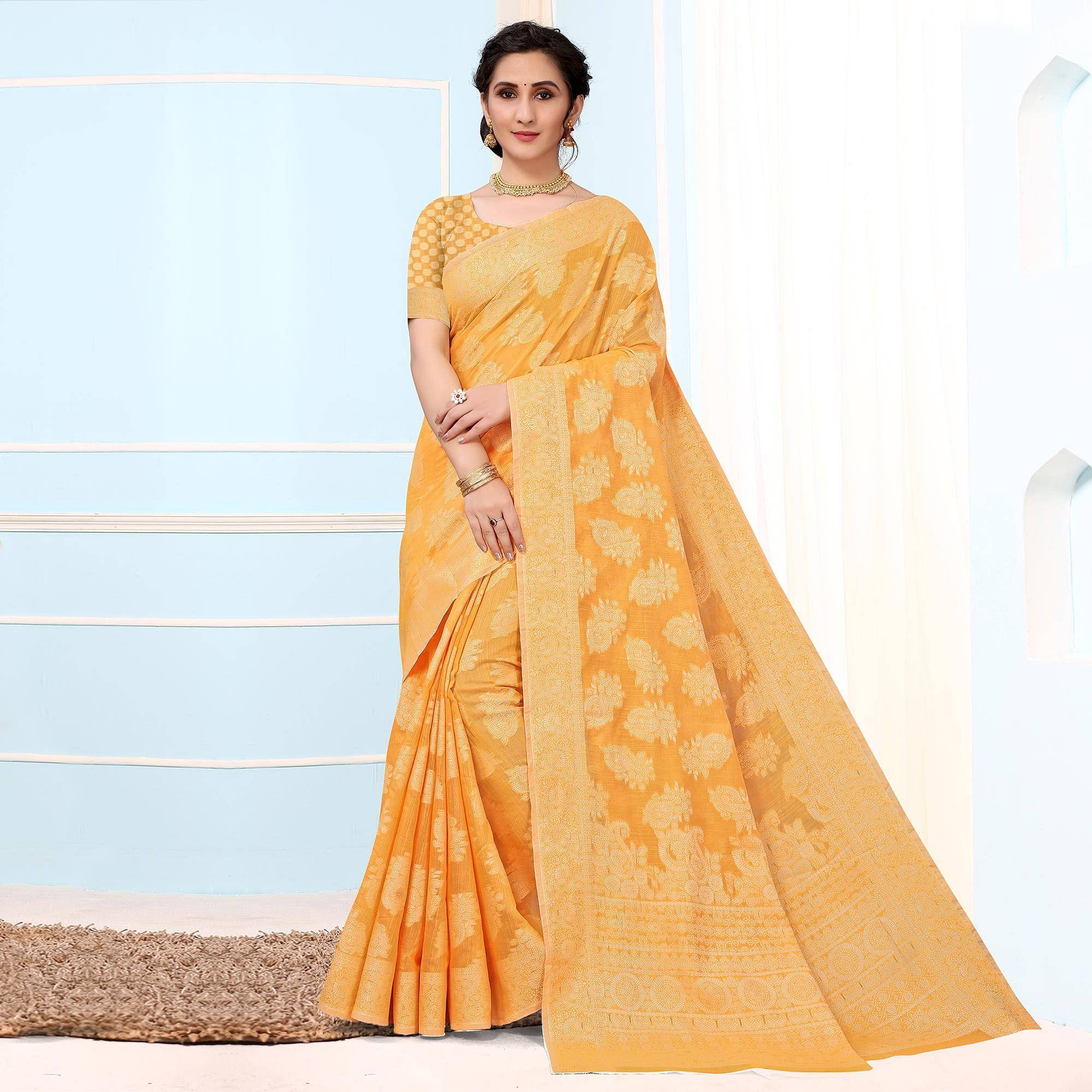 Yellow Festive Wear Woven Cotton Saree - Peachmode