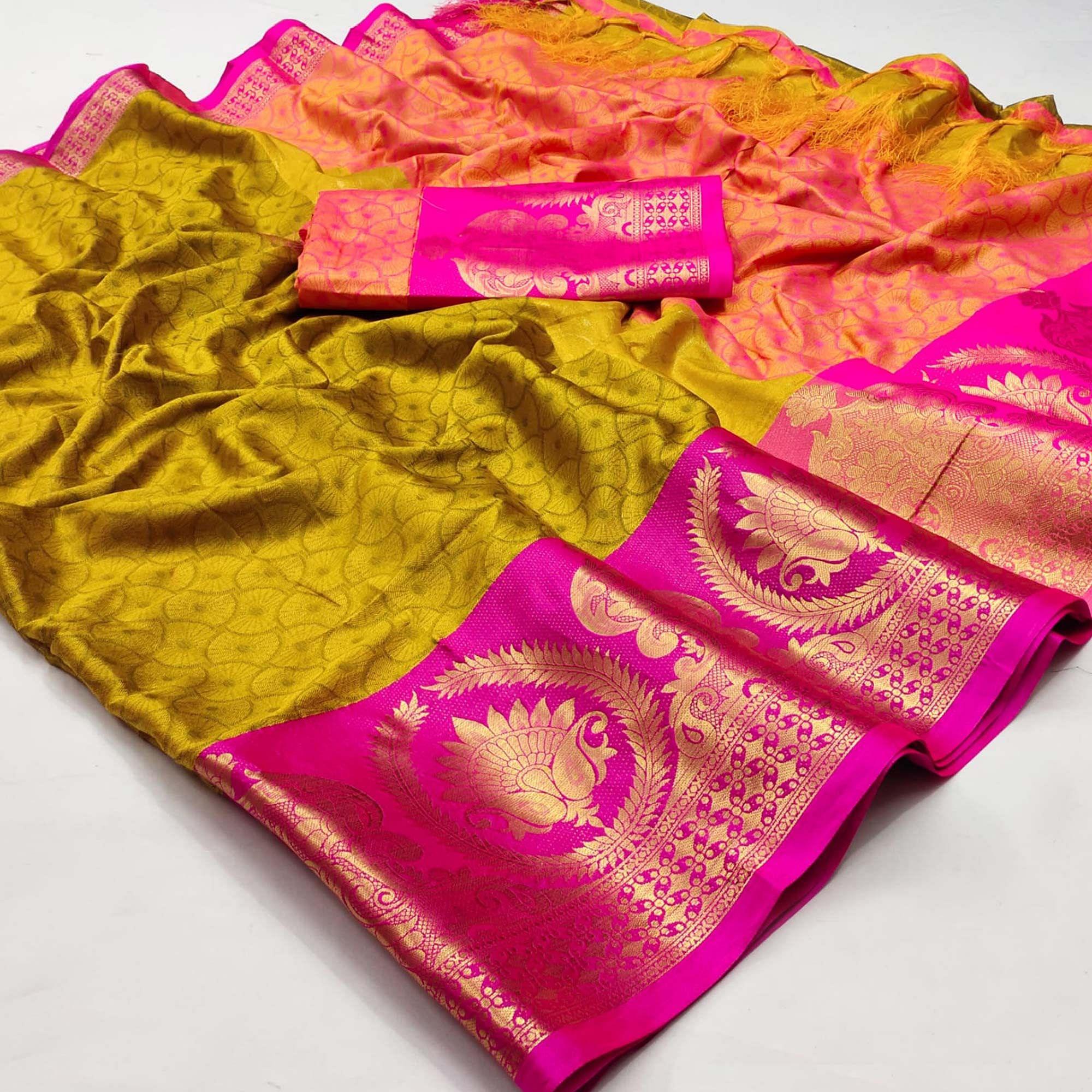 Yellow Festive Wear Woven Cotton Saree - Peachmode