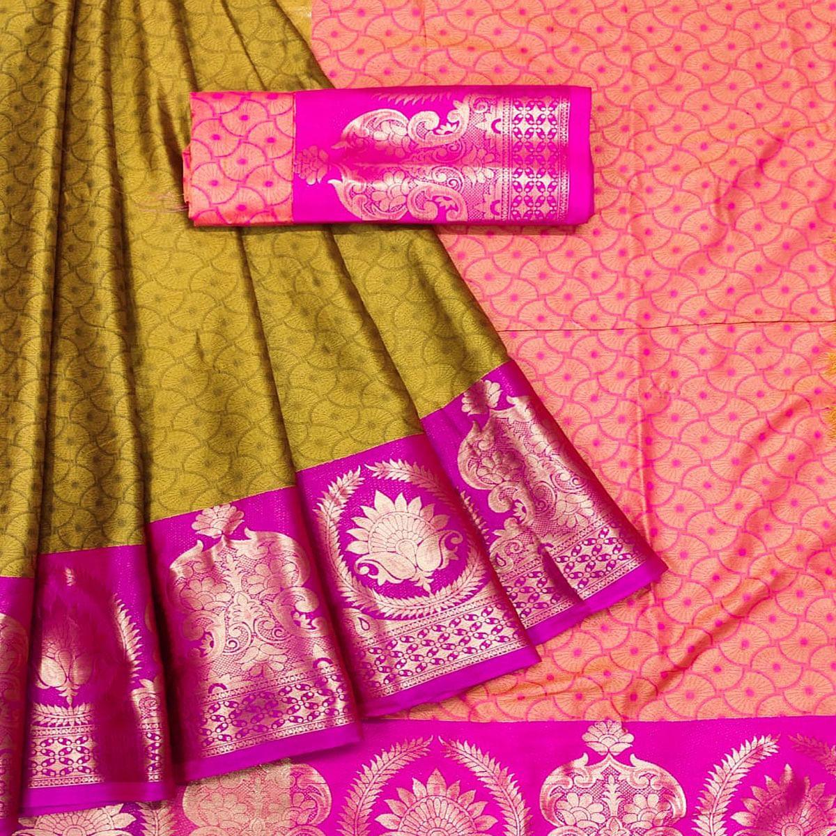 Yellow Festive Wear Woven Cotton Saree - Peachmode