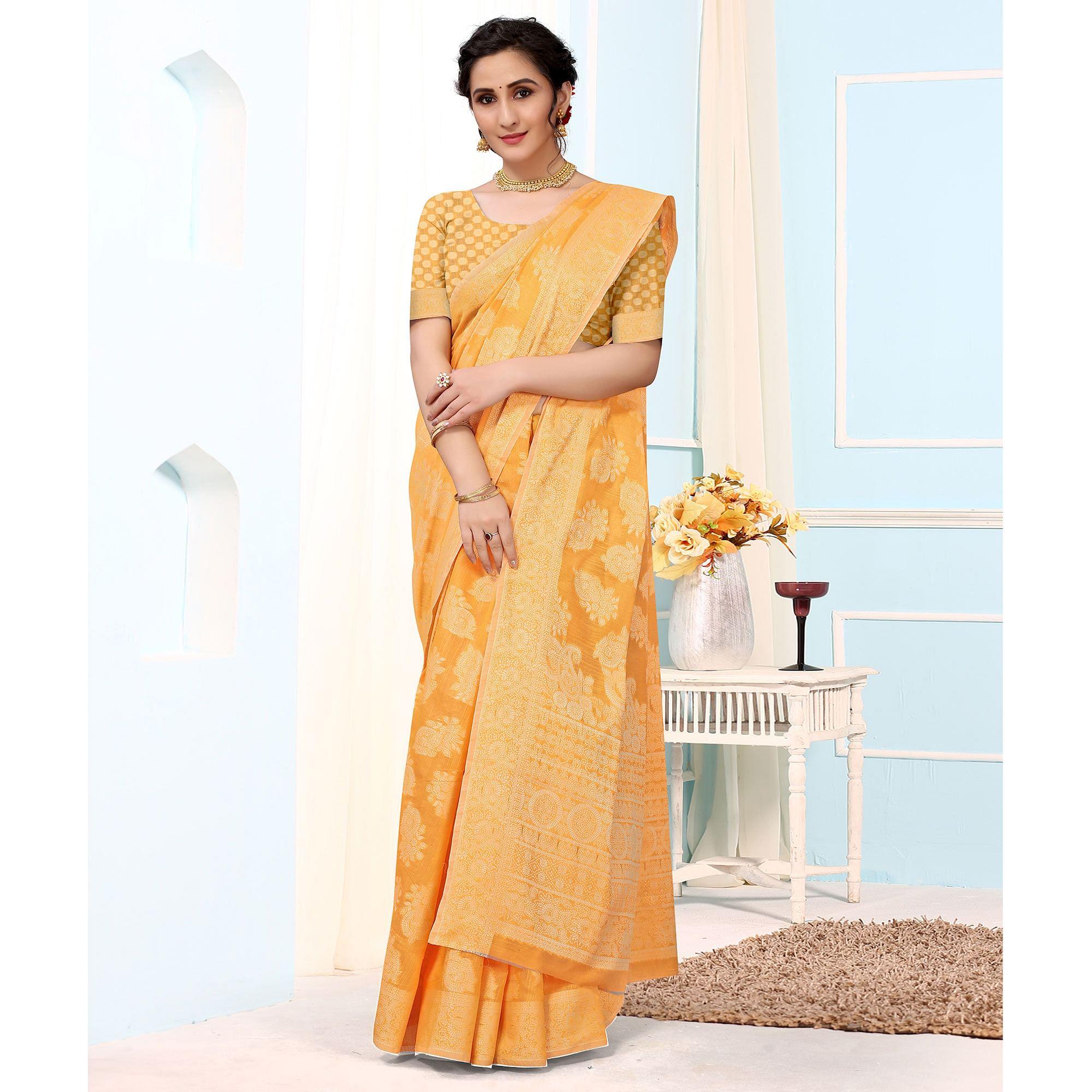 Yellow Festive Wear Woven Cotton Saree - Peachmode