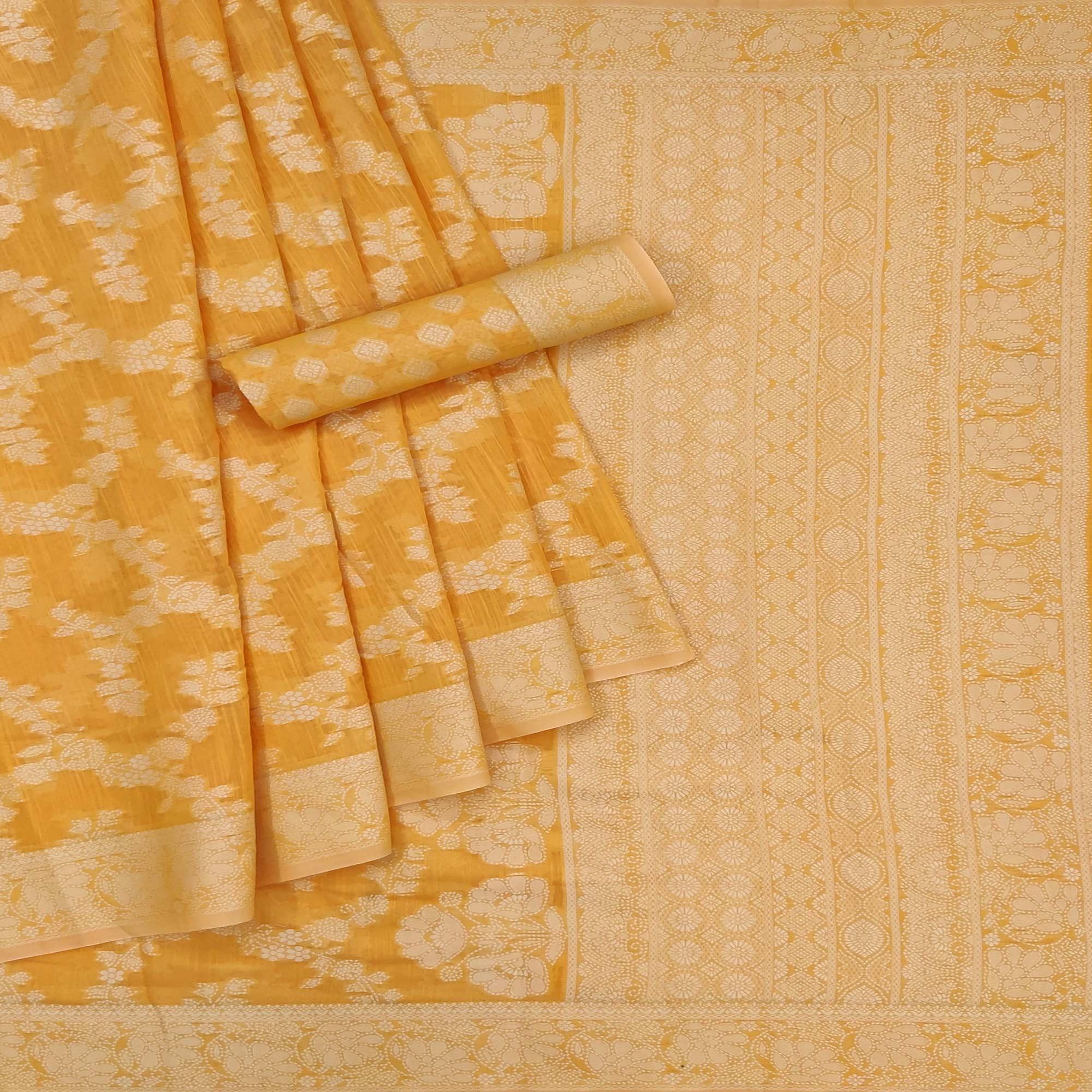 Yellow Festive Wear Woven Cotton Saree - Peachmode