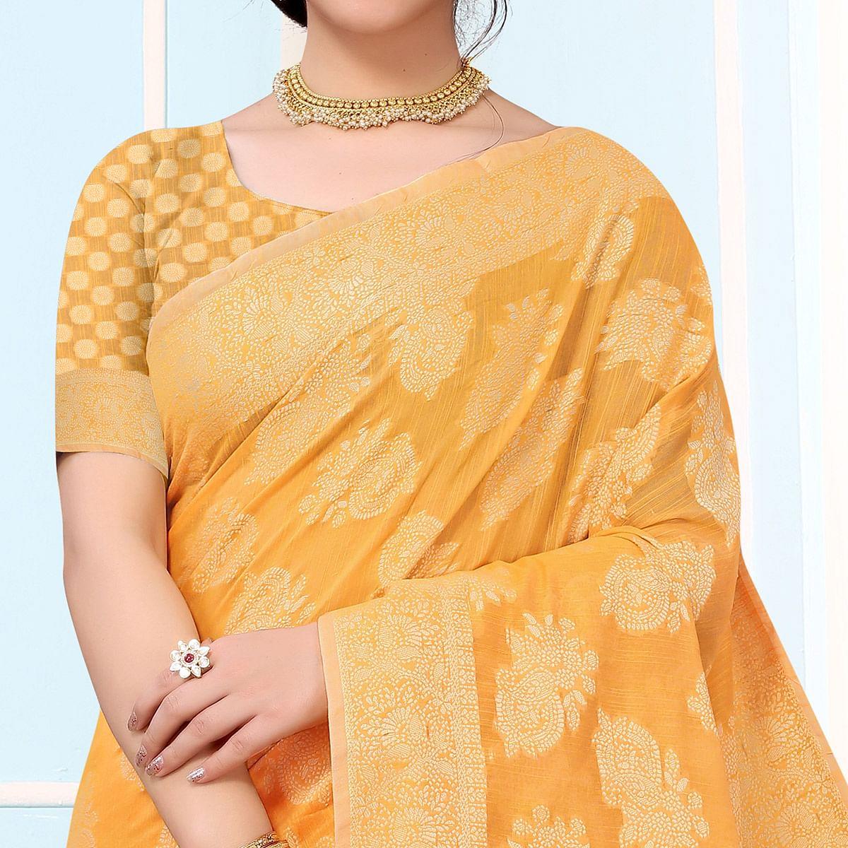 Yellow Festive Wear Woven Cotton Saree - Peachmode
