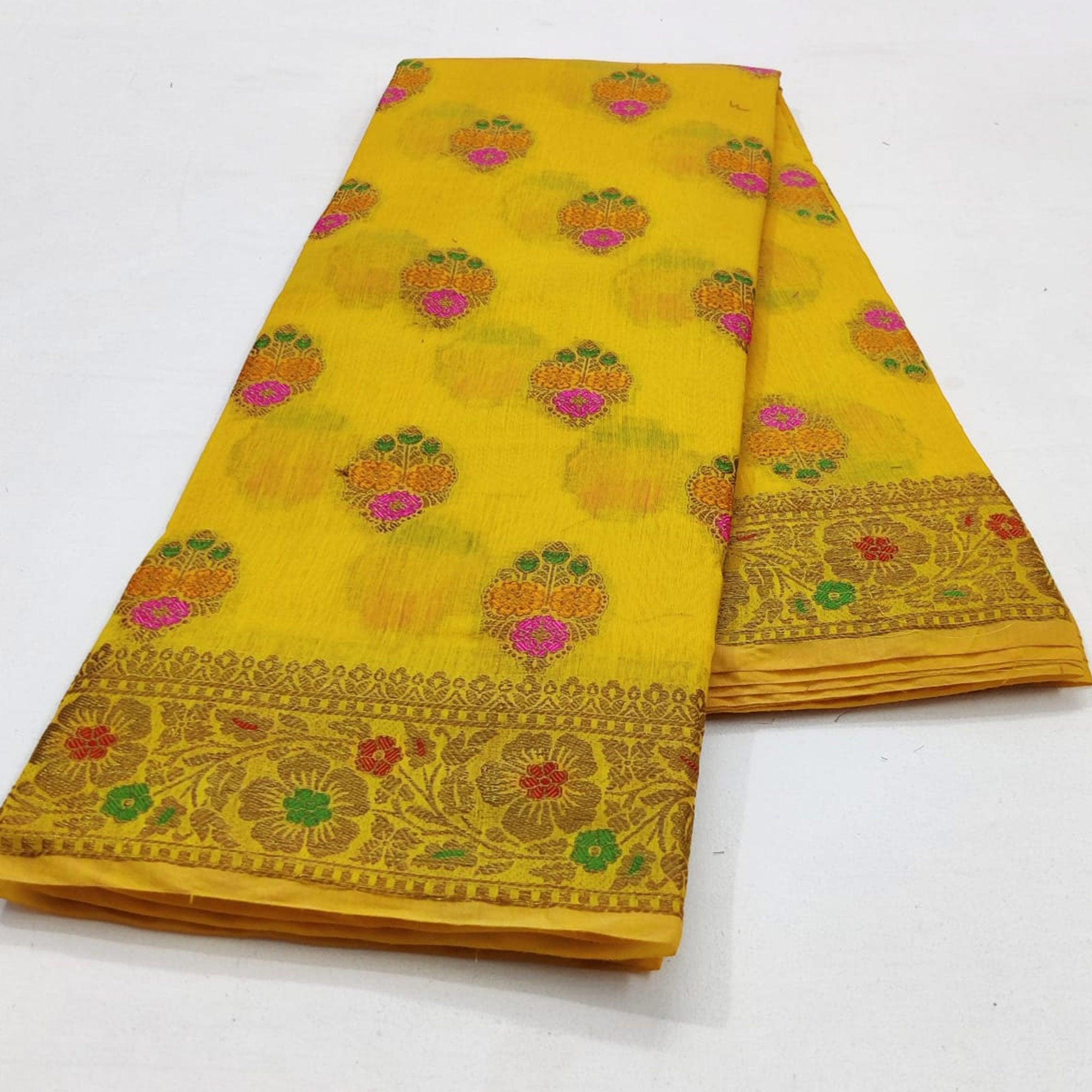 Yellow Festive Wear Woven Cotton Saree With Meena Butta Pallu - Peachmode