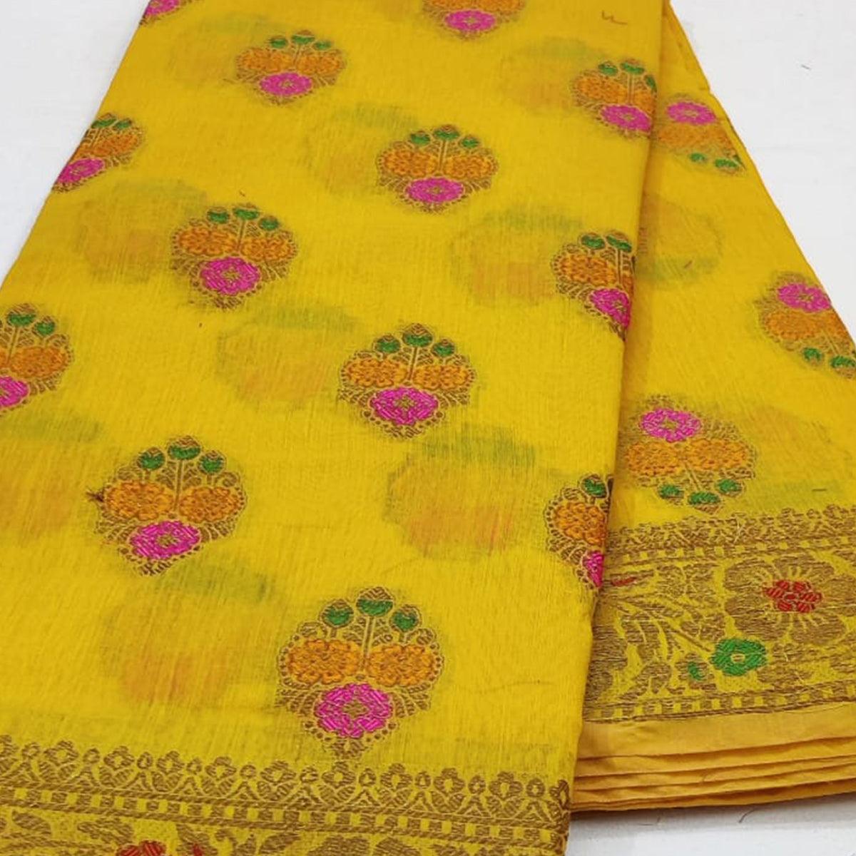 Yellow Festive Wear Woven Cotton Saree With Meena Butta Pallu - Peachmode