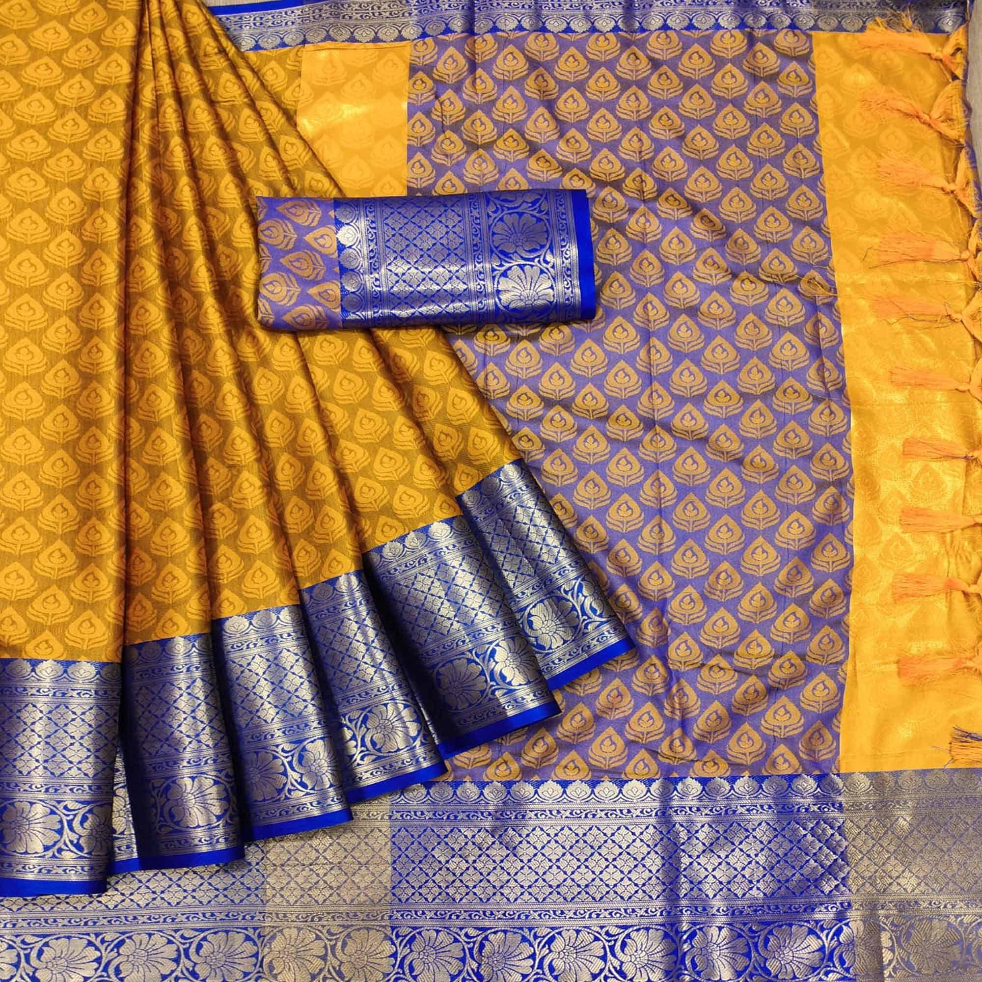 Yellow Festive Wear Woven Cotton Saree With Tassels - Peachmode