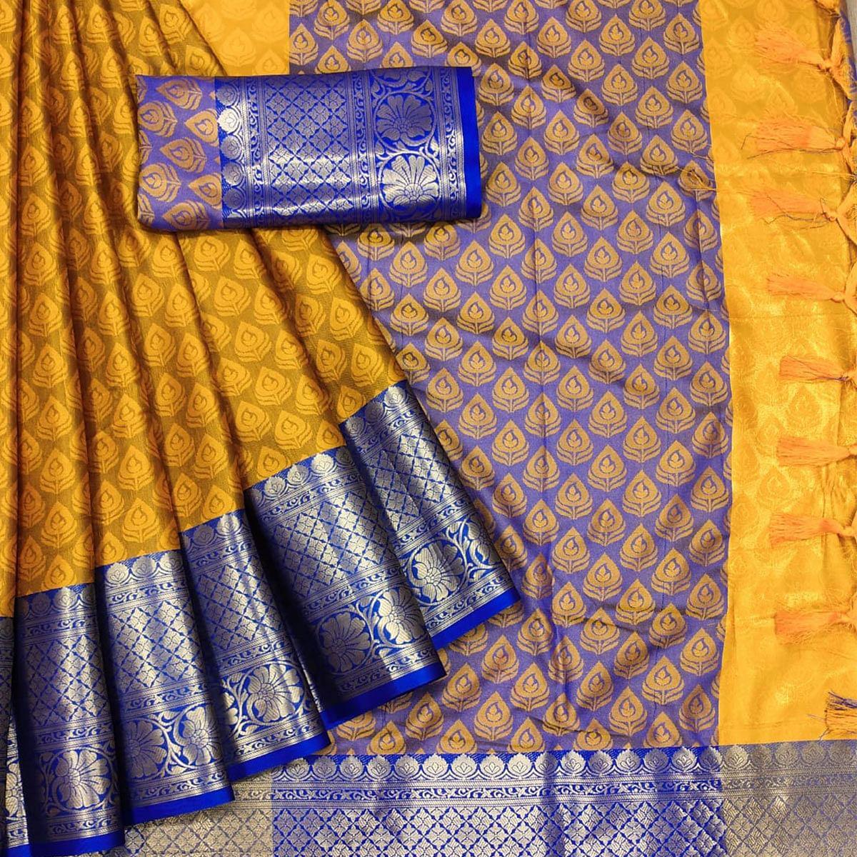 Yellow Festive Wear Woven Cotton Saree With Tassels - Peachmode