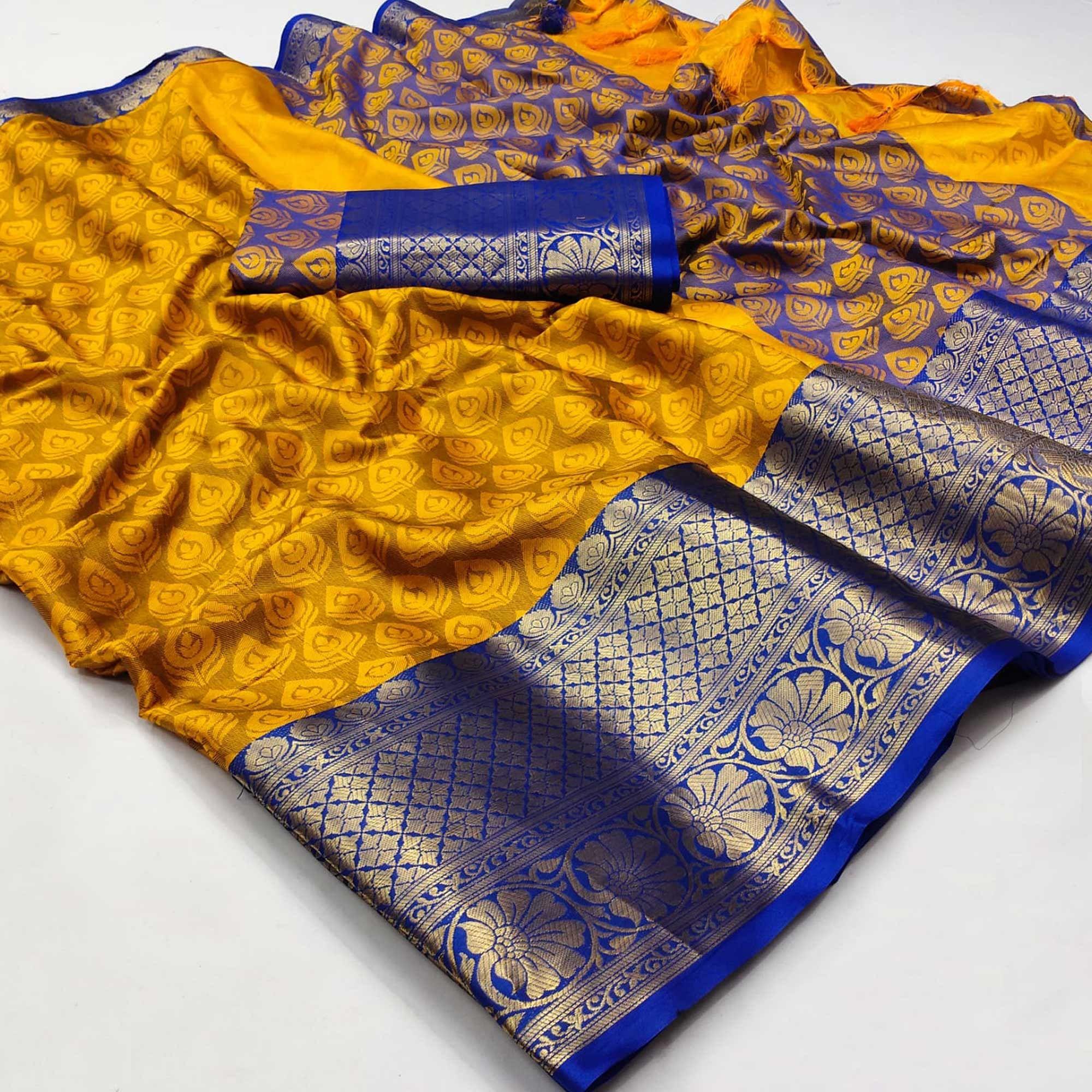Yellow Festive Wear Woven Cotton Saree With Tassels - Peachmode