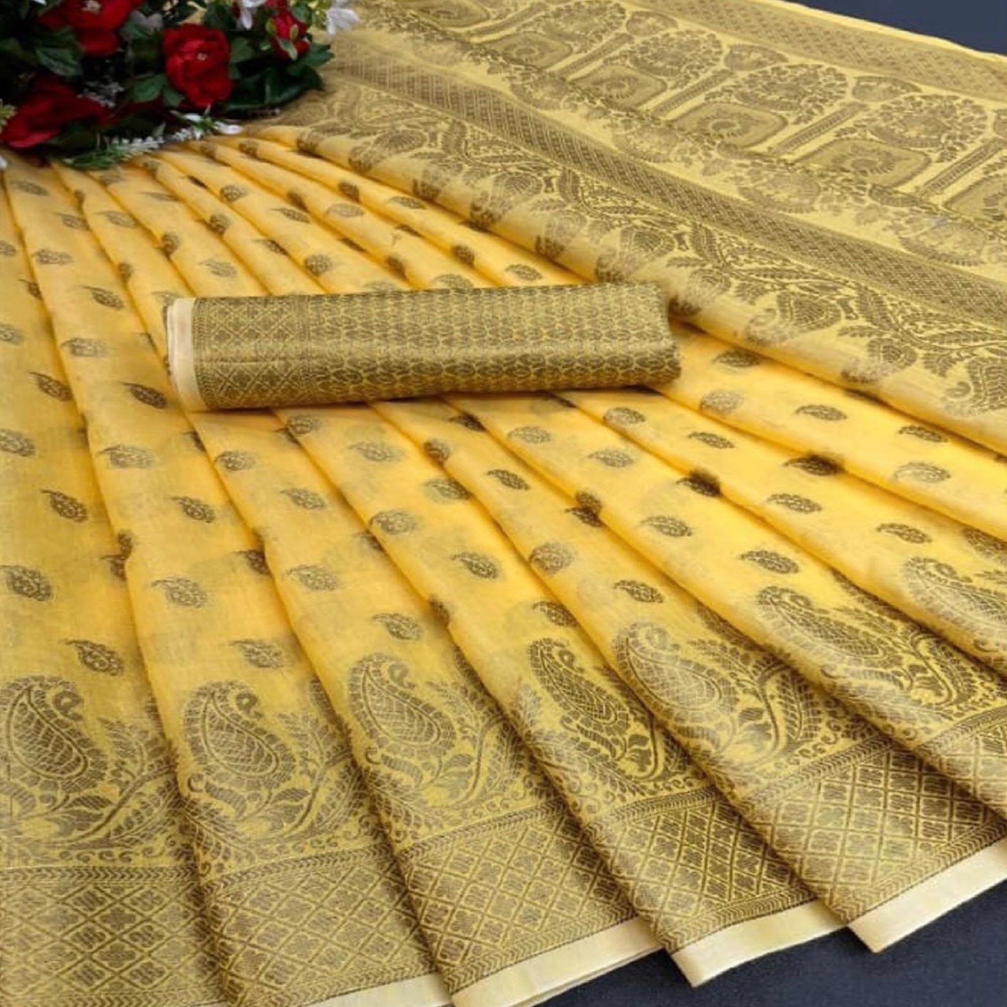 Yellow Festive Wear Woven Cotton Saree With Zari Border - Peachmode