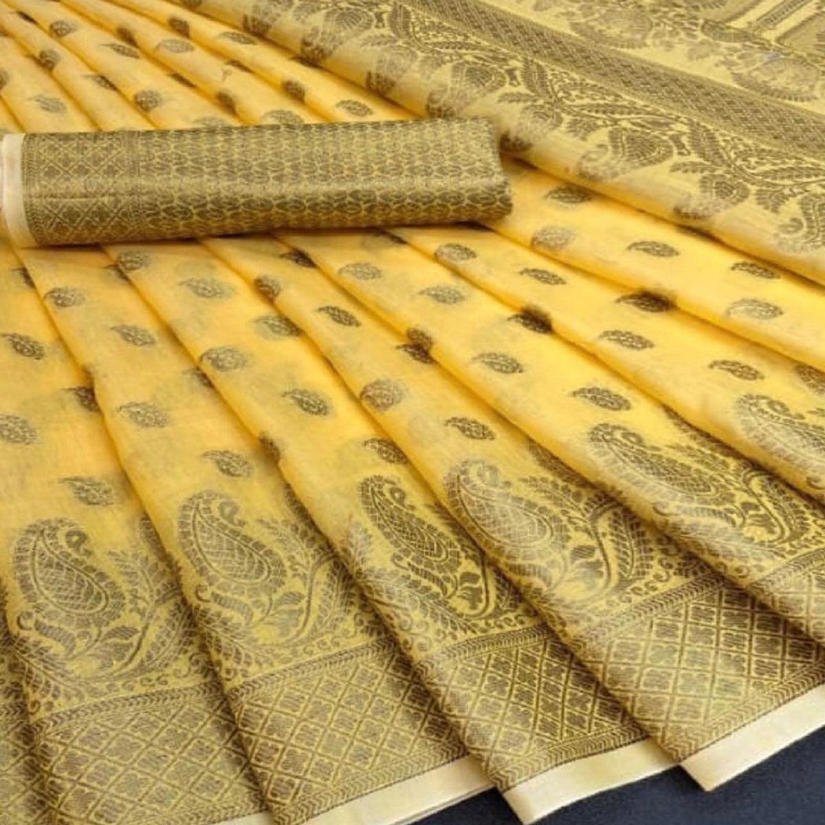Yellow Festive Wear Woven Cotton Saree With Zari Border - Peachmode