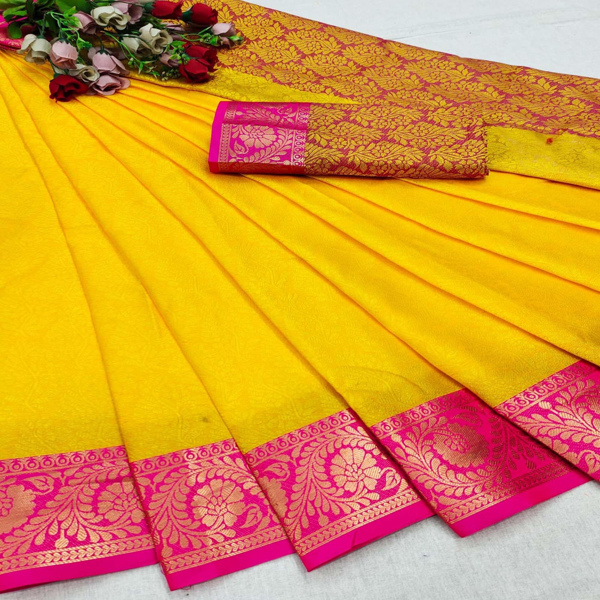 Yellow Festive Wear Woven Cotton Silk Saree - Peachmode