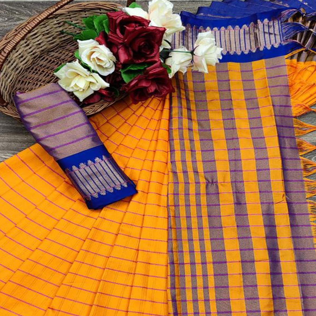 Yellow Festive Wear Woven Cotton Silk Saree - Peachmode