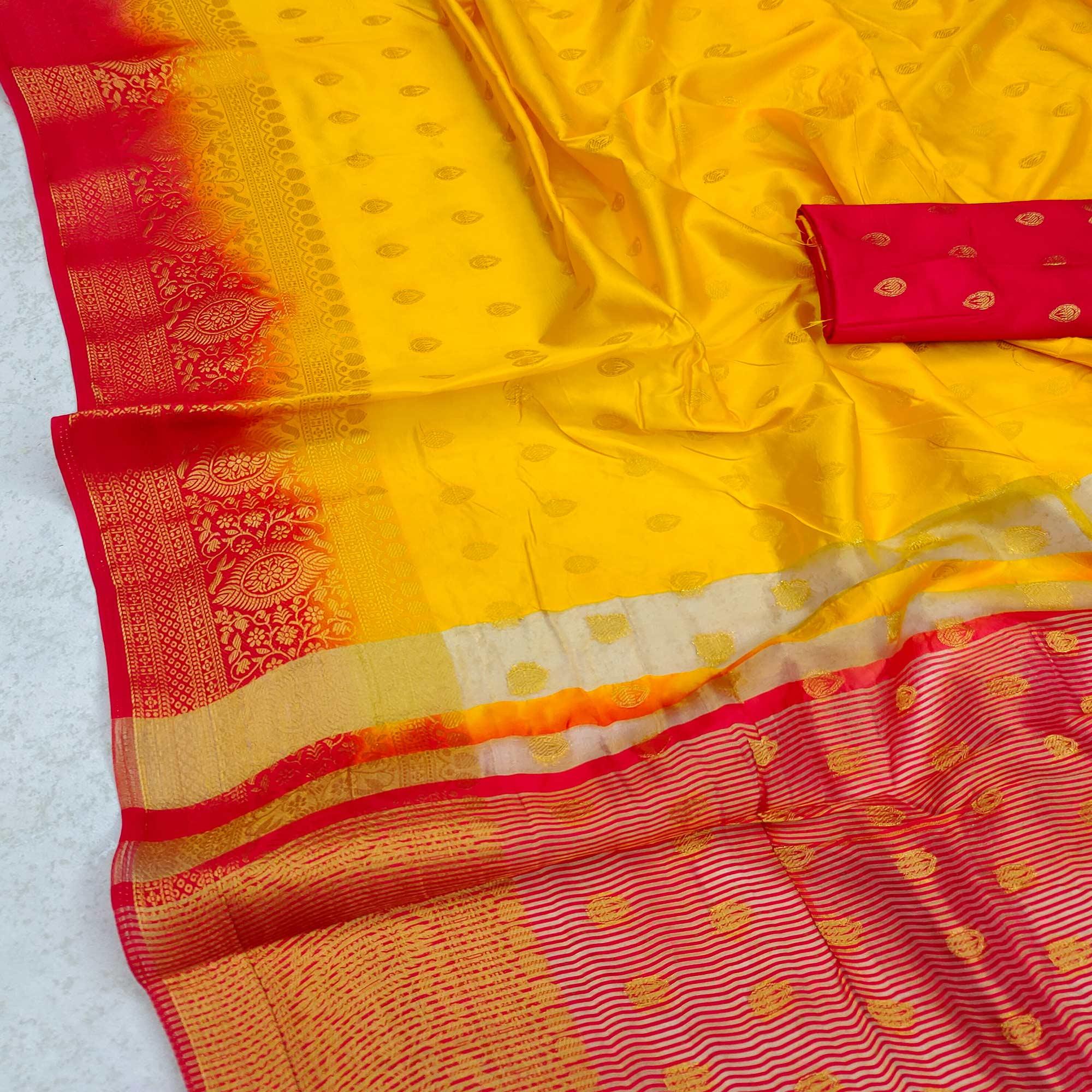 Yellow Festive Wear Woven Cotton Silk Saree - Peachmode
