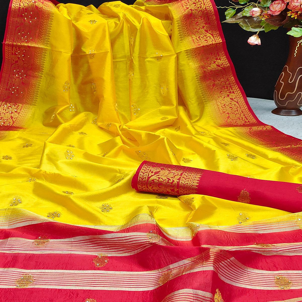 Yellow Festive Wear Woven Cotton Silk Saree - Peachmode