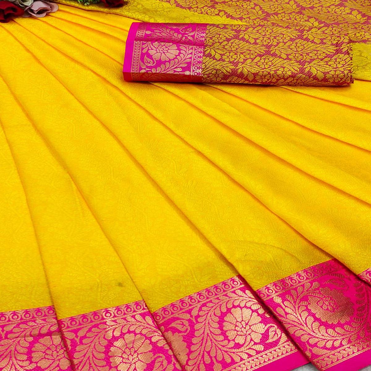 Yellow Festive Wear Woven Cotton Silk Saree - Peachmode