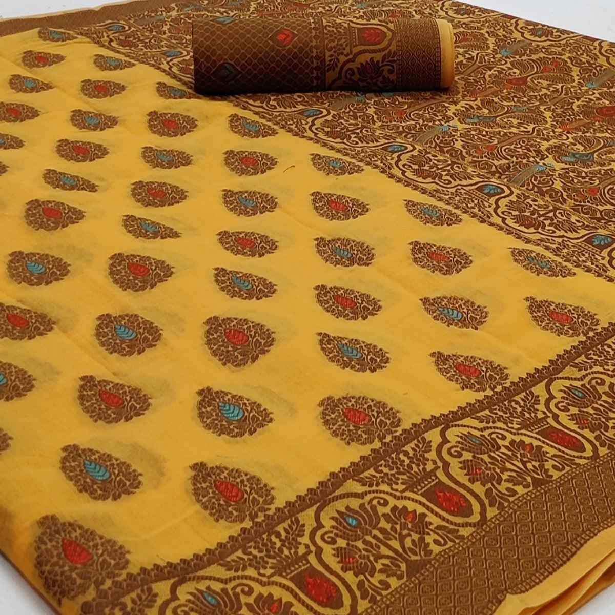 Yellow Festive Wear Woven Cotton Silk Saree - Peachmode