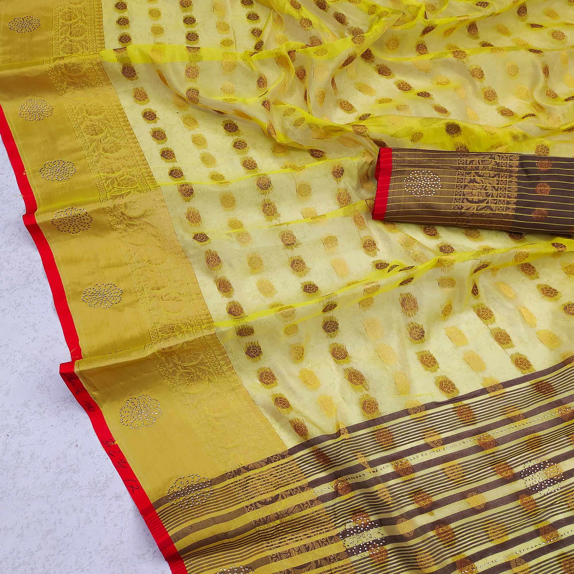 Yellow Festive Wear Woven Cotton Silk Saree - Peachmode