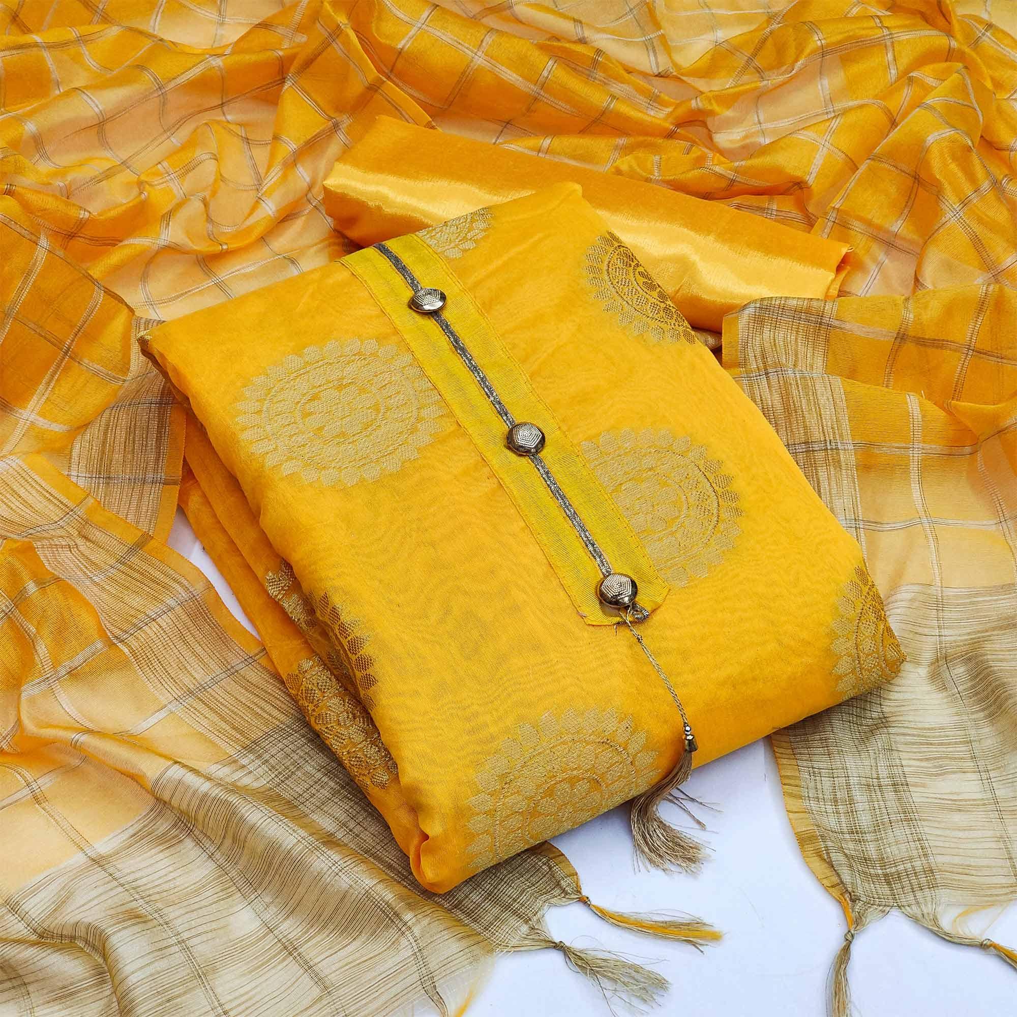 Yellow Festive Wear Woven Designer Banarasi Silk Jacquard Dress Material - Peachmode