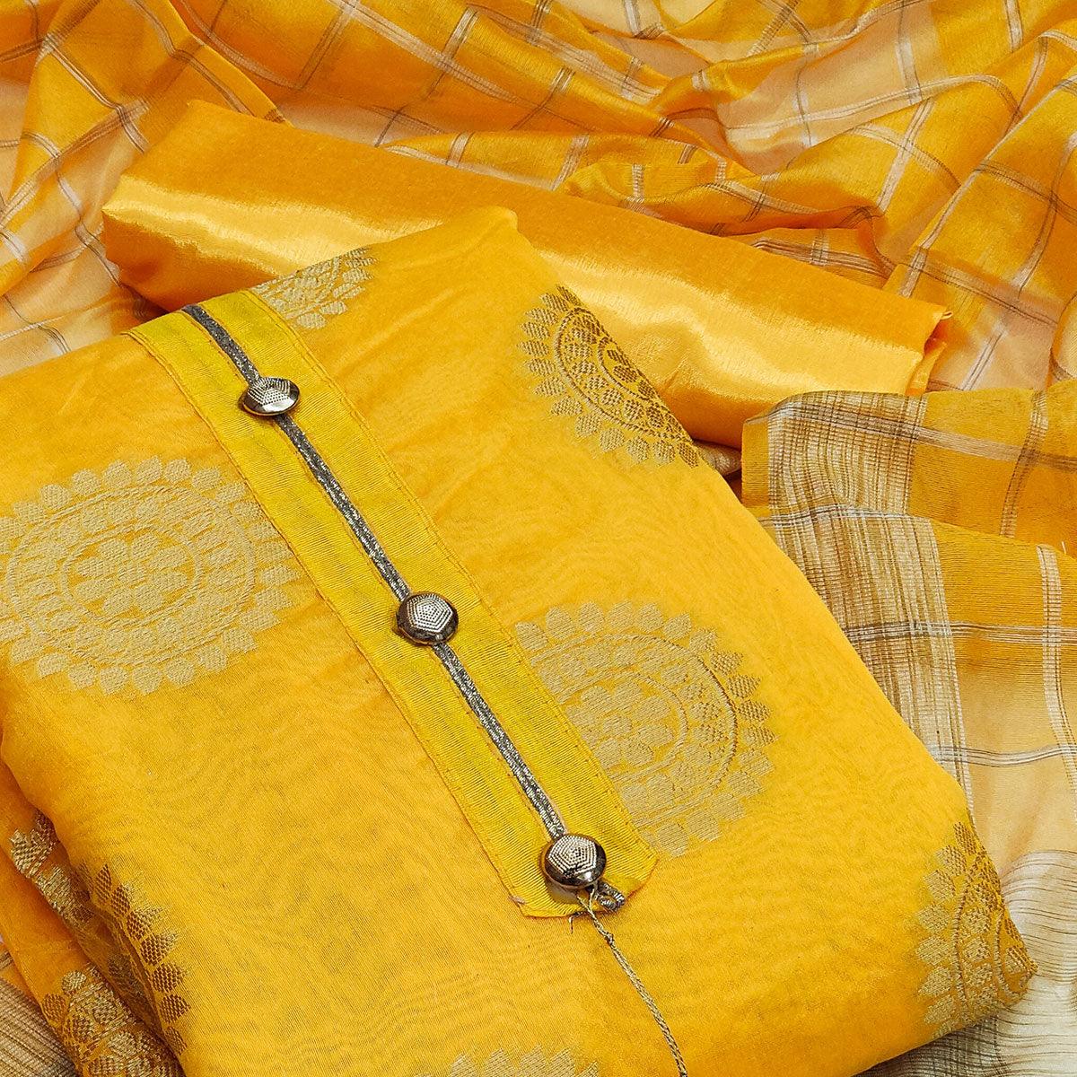 Yellow Festive Wear Woven Designer Banarasi Silk Jacquard Dress Material - Peachmode
