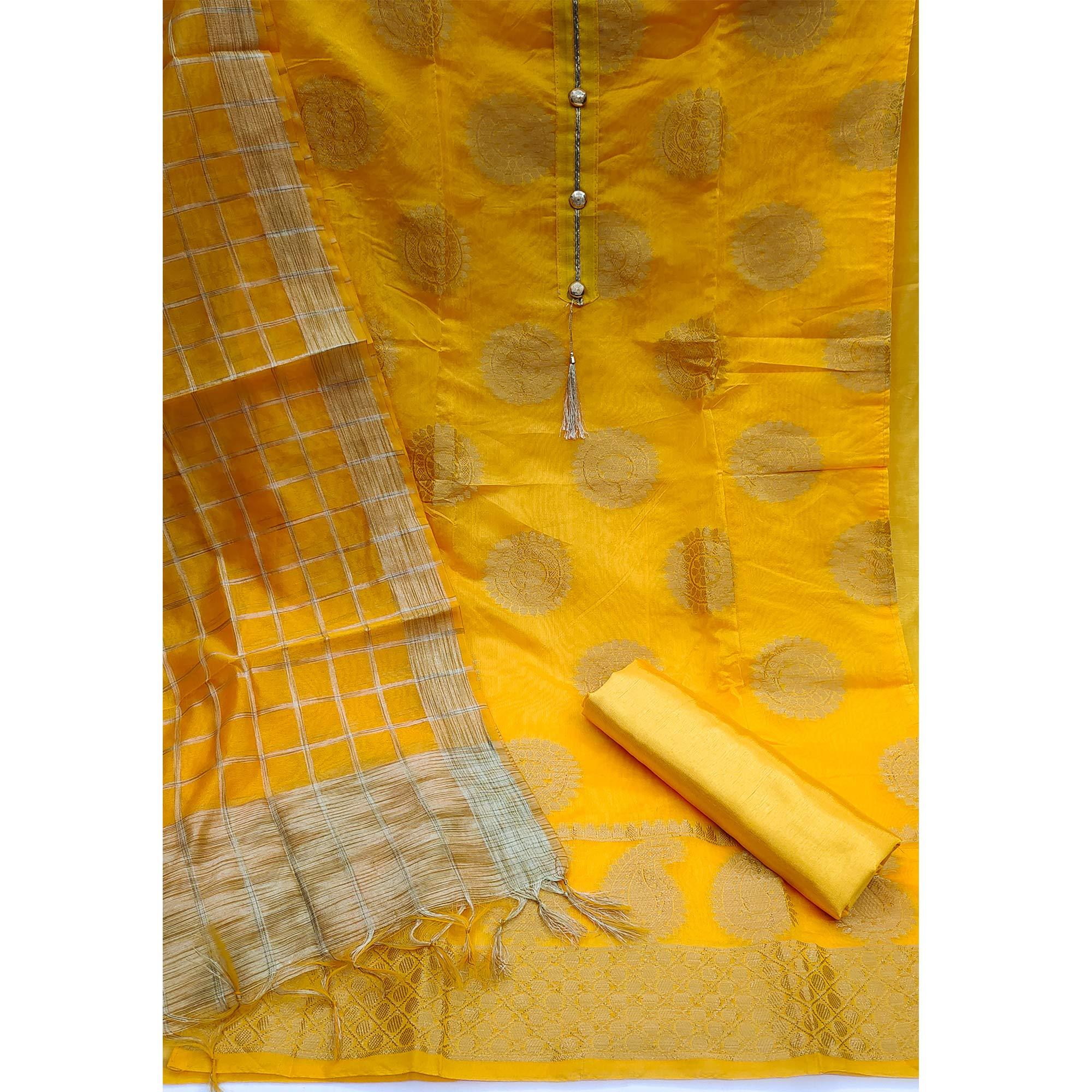 Yellow Festive Wear Woven Designer Banarasi Silk Jacquard Dress Material - Peachmode