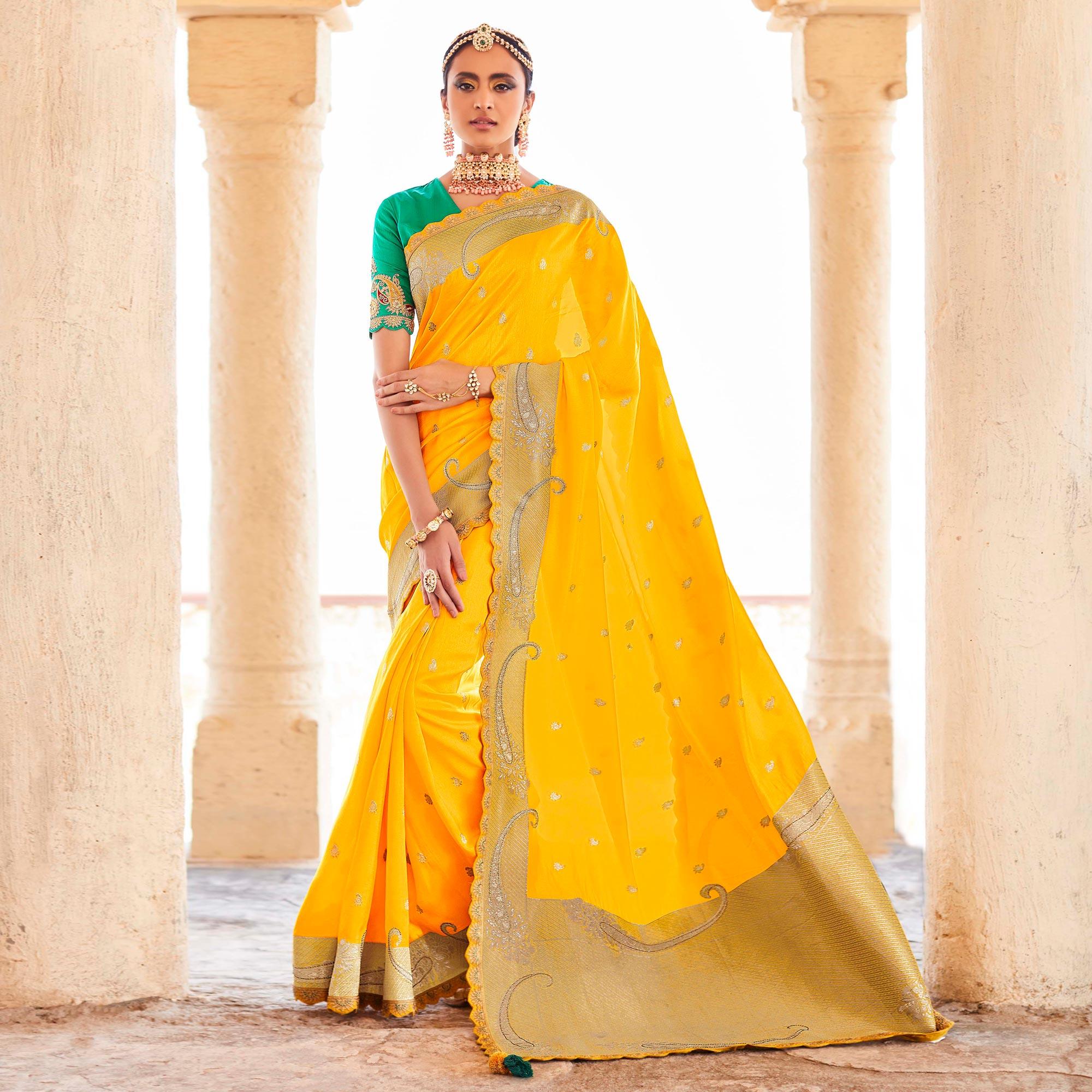 Yellow Festive Wear Woven Dola Silk Saree - Peachmode